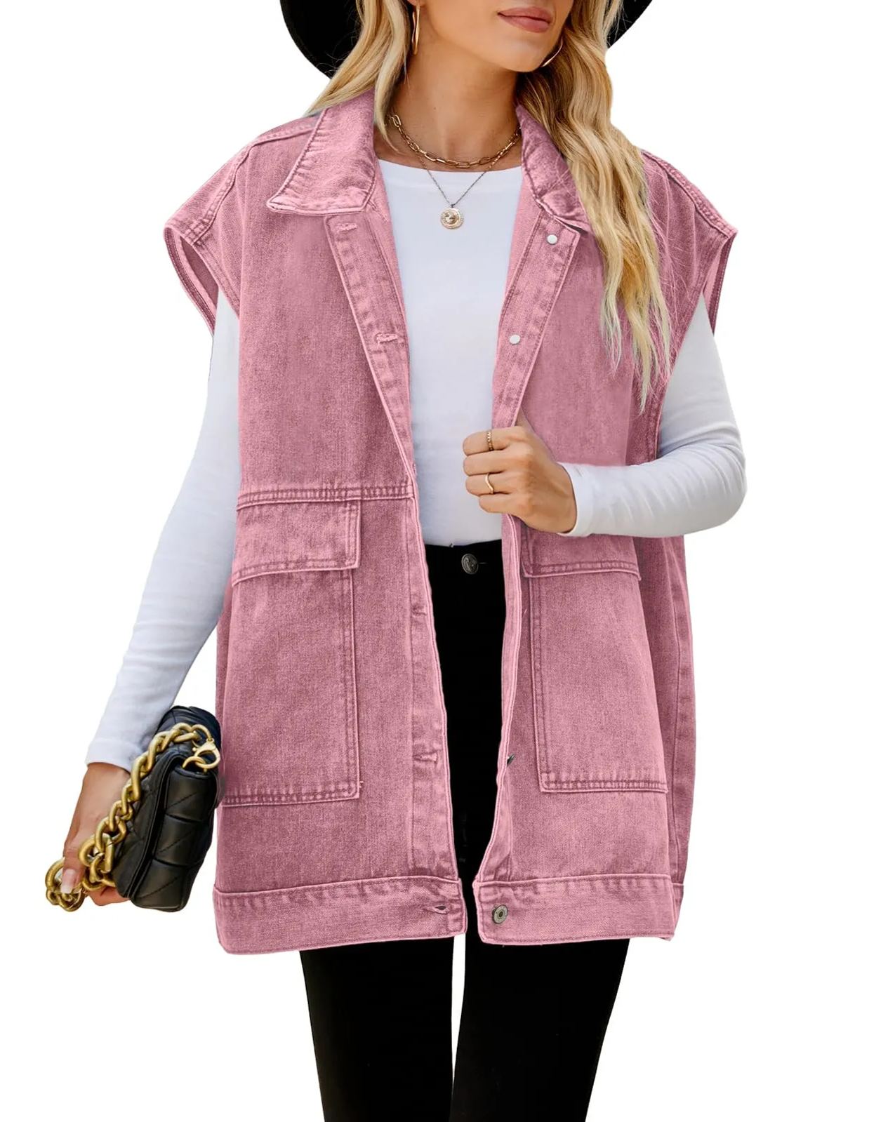 Womens Lapel Collar Button Down Sleeveless Loose Jean Vest 