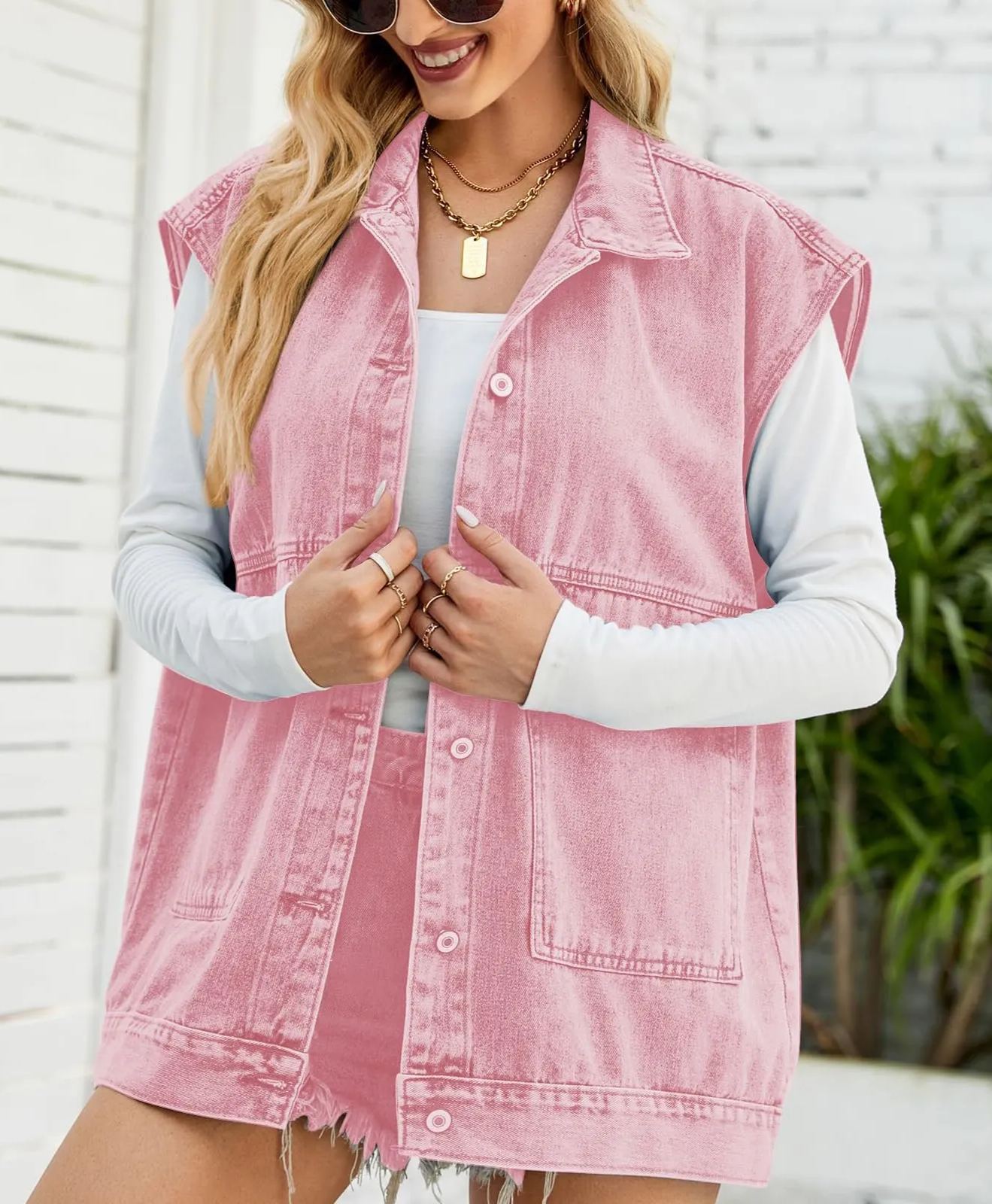 Womens Lapel Collar Button Down Sleeveless Loose Jean Vest 