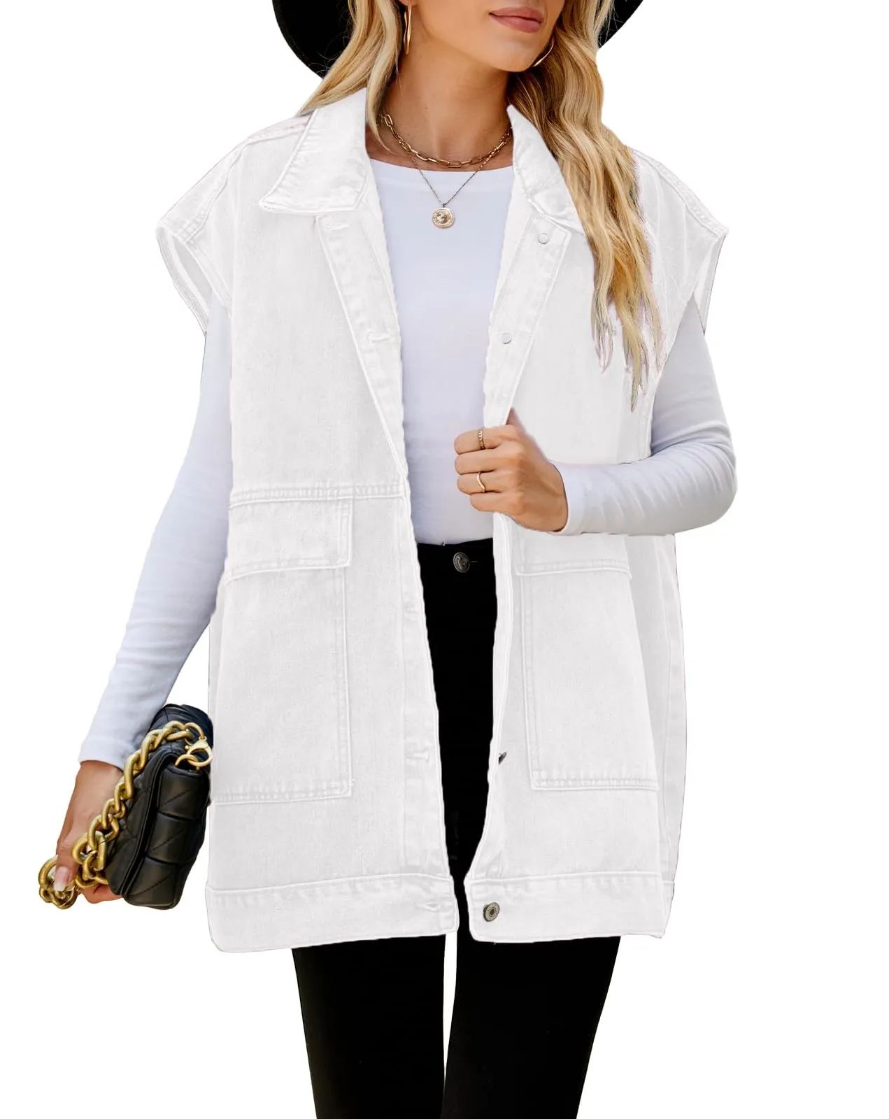 Womens Lapel Collar Button Down Sleeveless Loose Jean Vest 