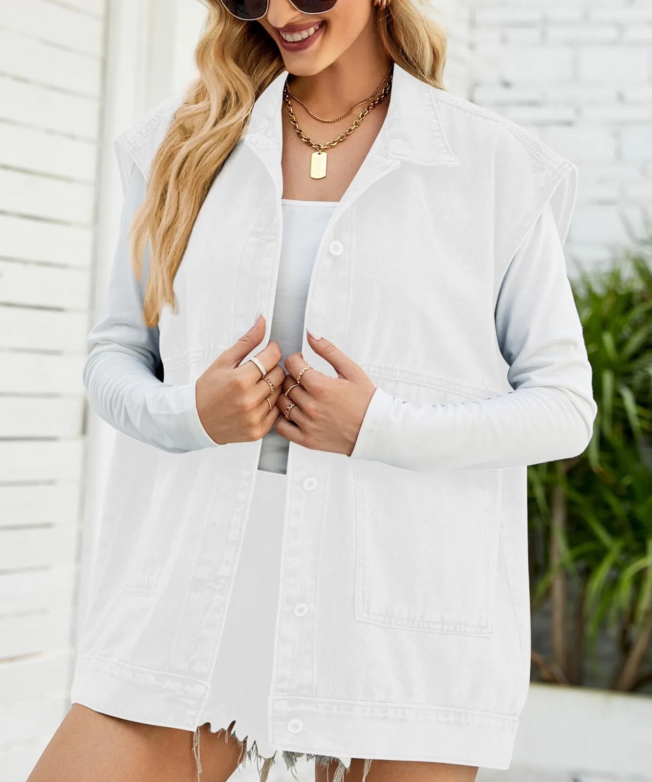 Womens Lapel Collar Button Down Sleeveless Loose Jean Vest 