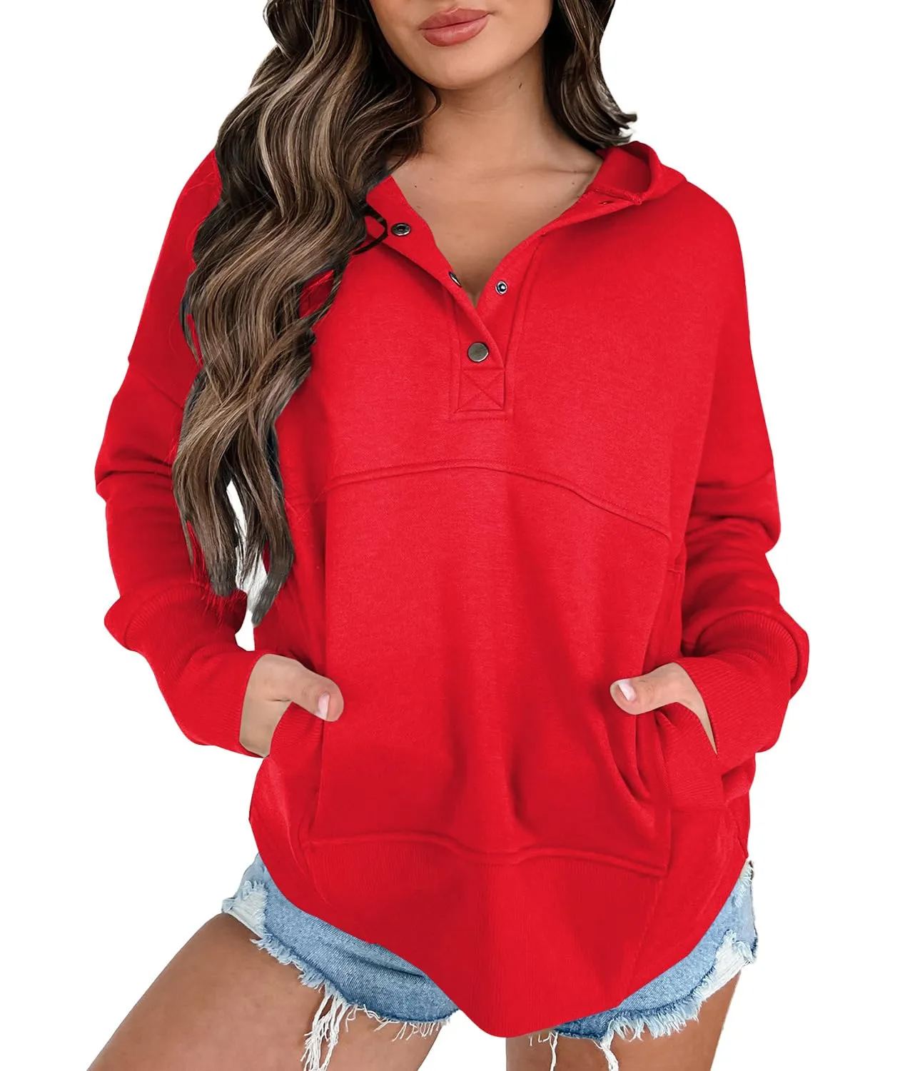 Women's Lightweight Button Collar Long Sleeve Sweatshirt With Pocket