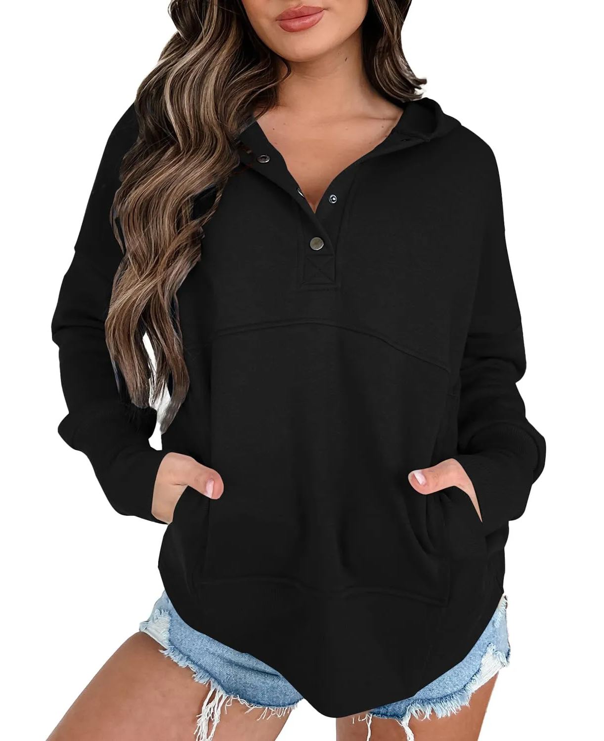 Women's Lightweight Button Collar Long Sleeve Sweatshirt With Pocket
