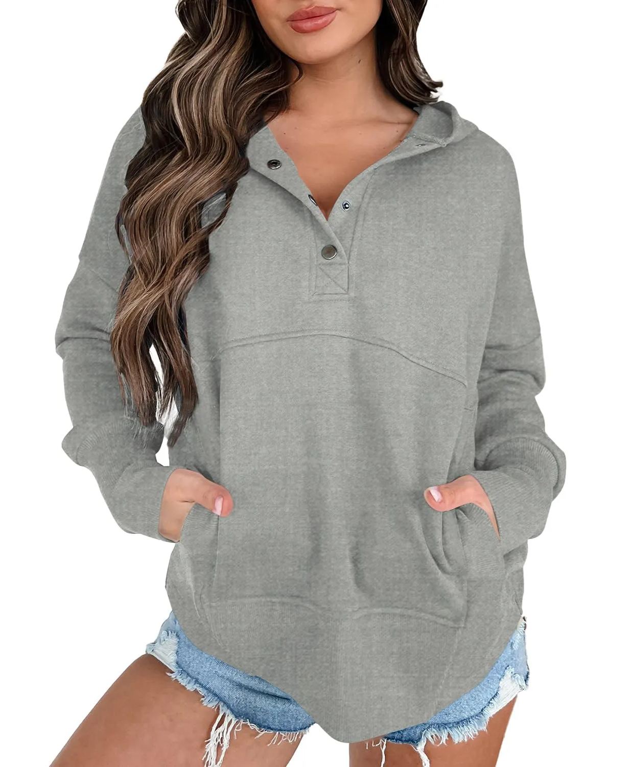 Women's Lightweight Button Collar Long Sleeve Sweatshirt With Pocket
