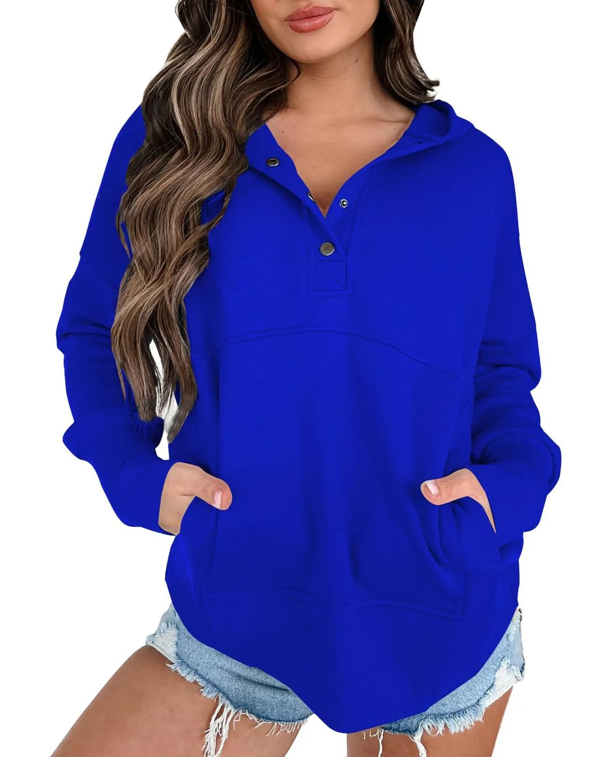 Women's Lightweight Button Collar Long Sleeve Sweatshirt With Pocket