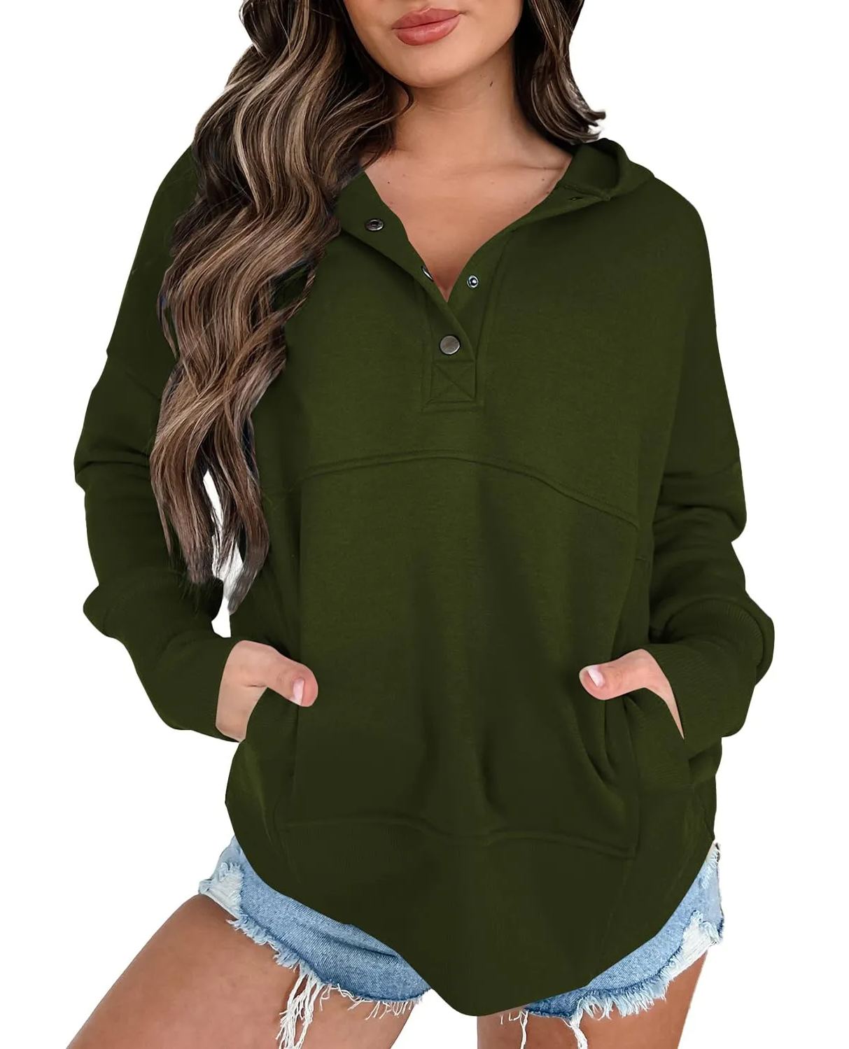 Women's Lightweight Button Collar Long Sleeve Sweatshirt With Pocket