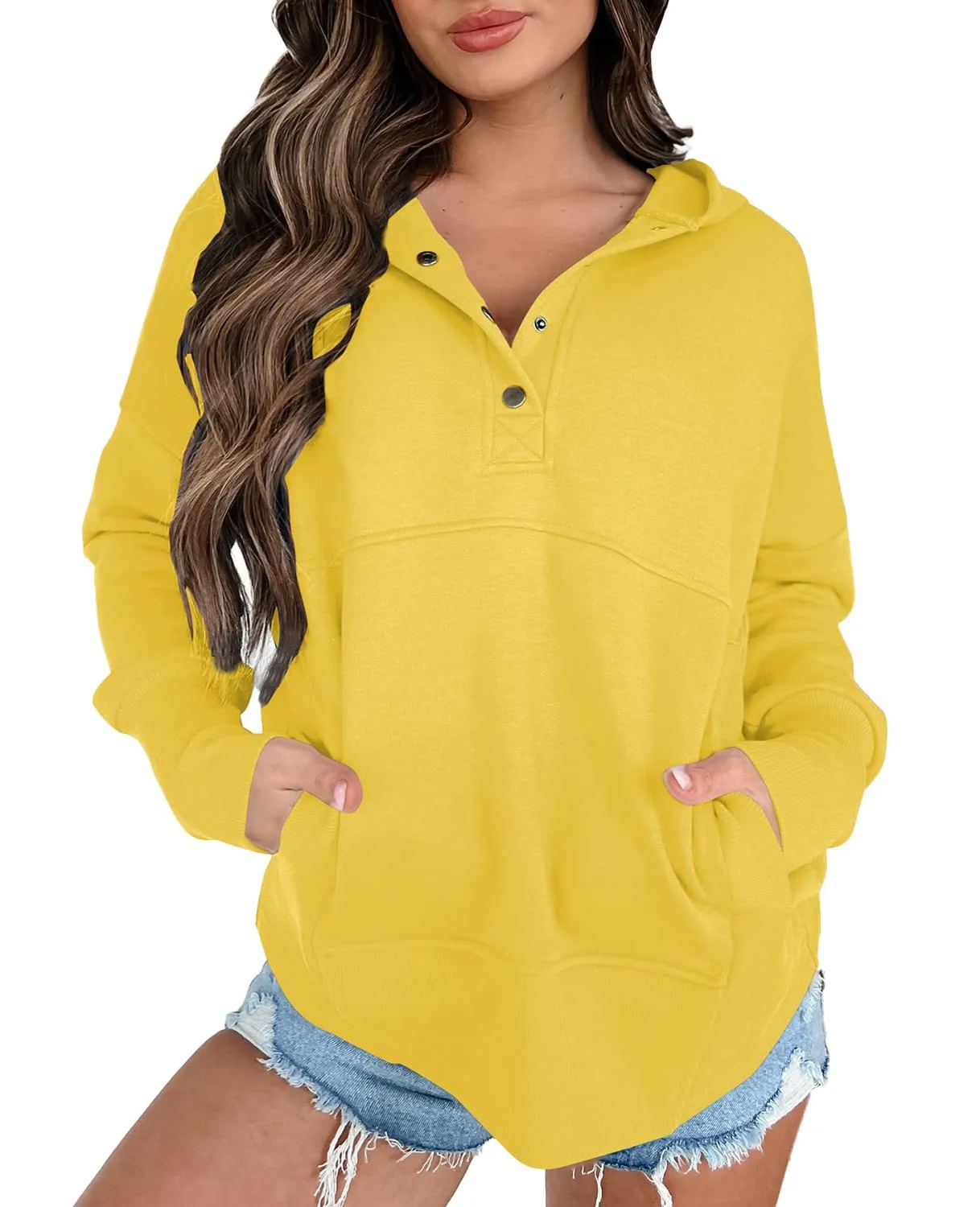 Women's Lightweight Button Collar Long Sleeve Sweatshirt With Pocket