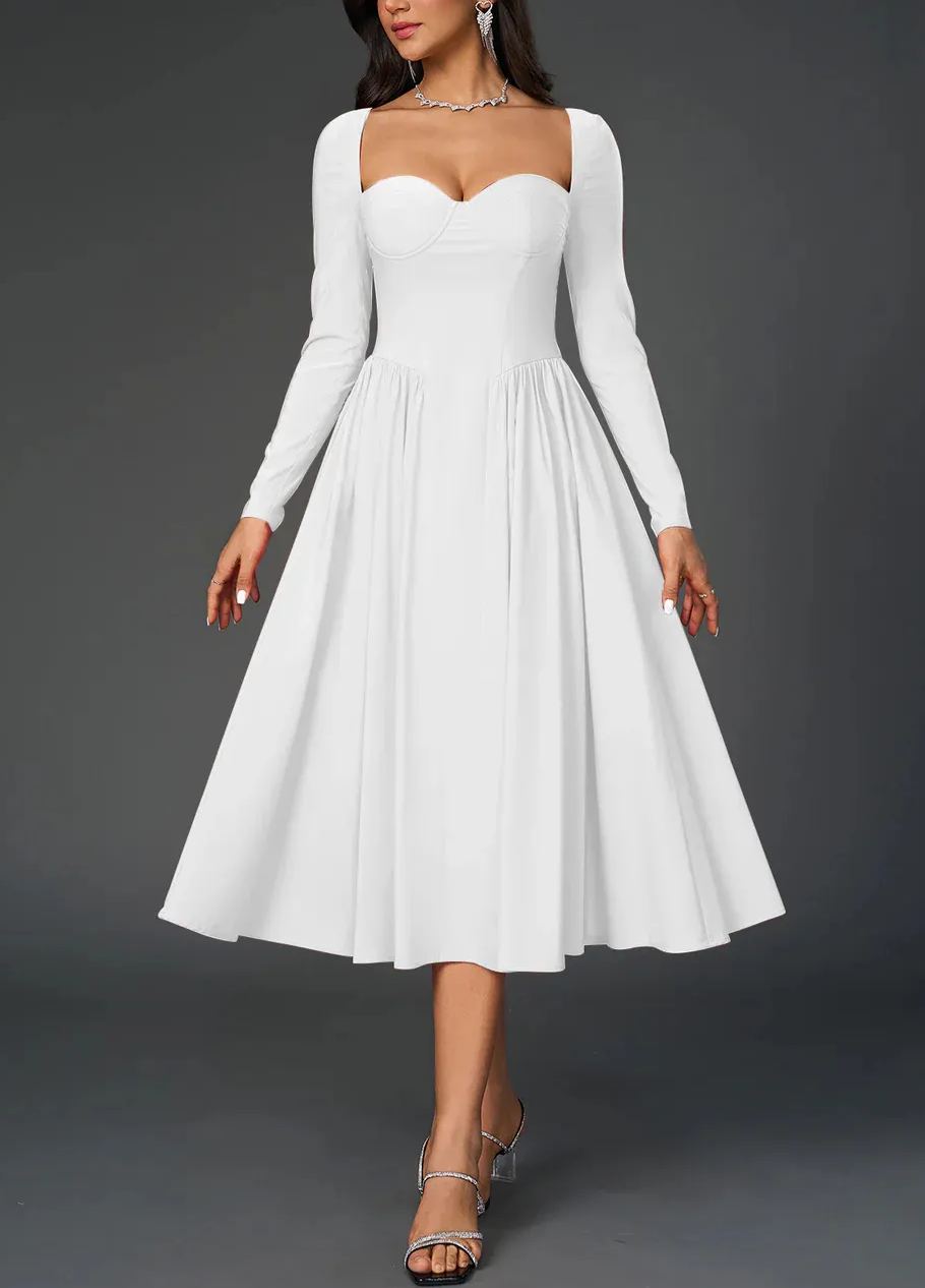 Sexy Solid Square Neck Backless Long Sleeves Ruched Midi Dress