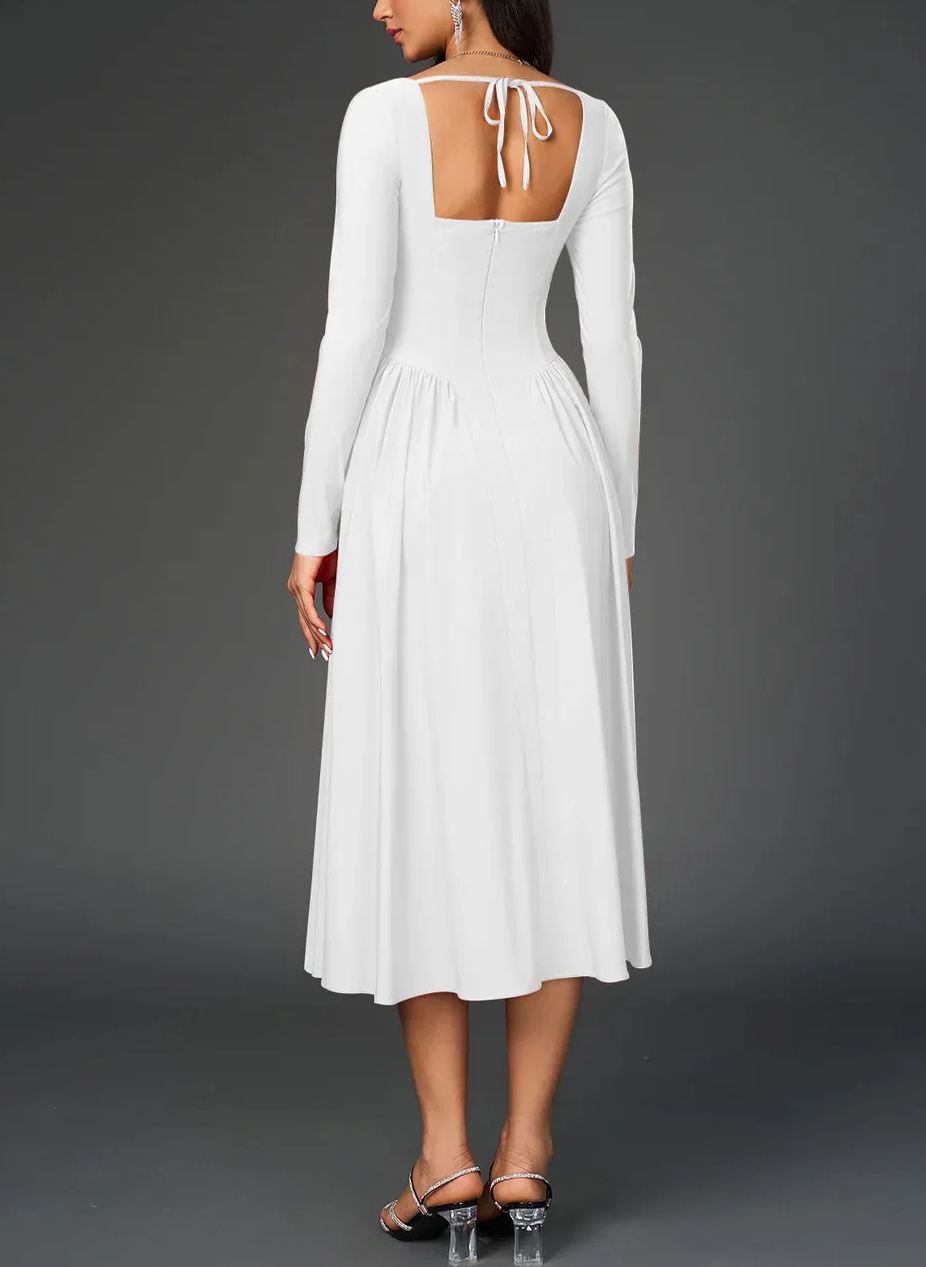 Sexy Solid Square Neck Backless Long Sleeves Ruched Midi Dress