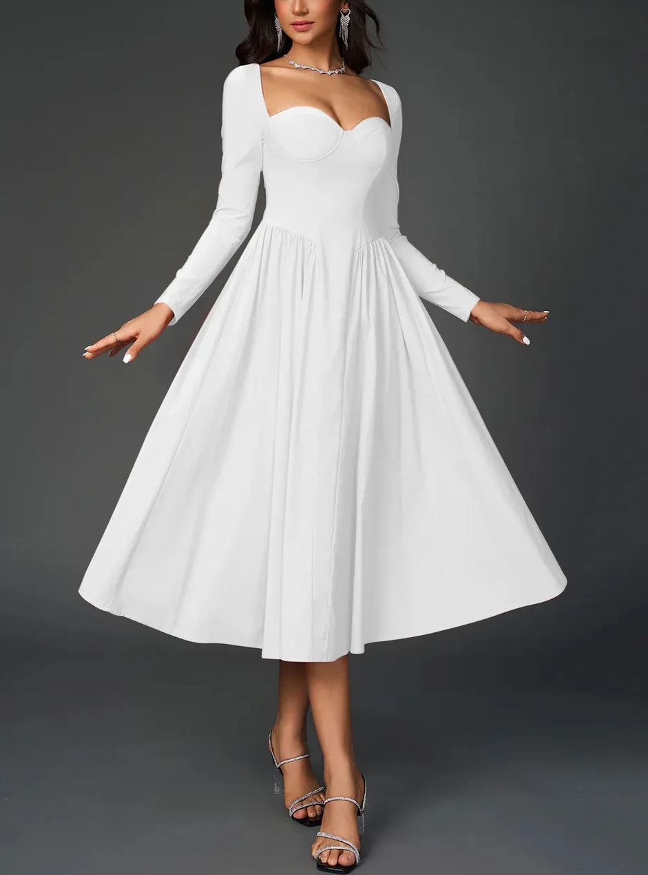 Sexy Solid Square Neck Backless Long Sleeves Ruched Midi Dress