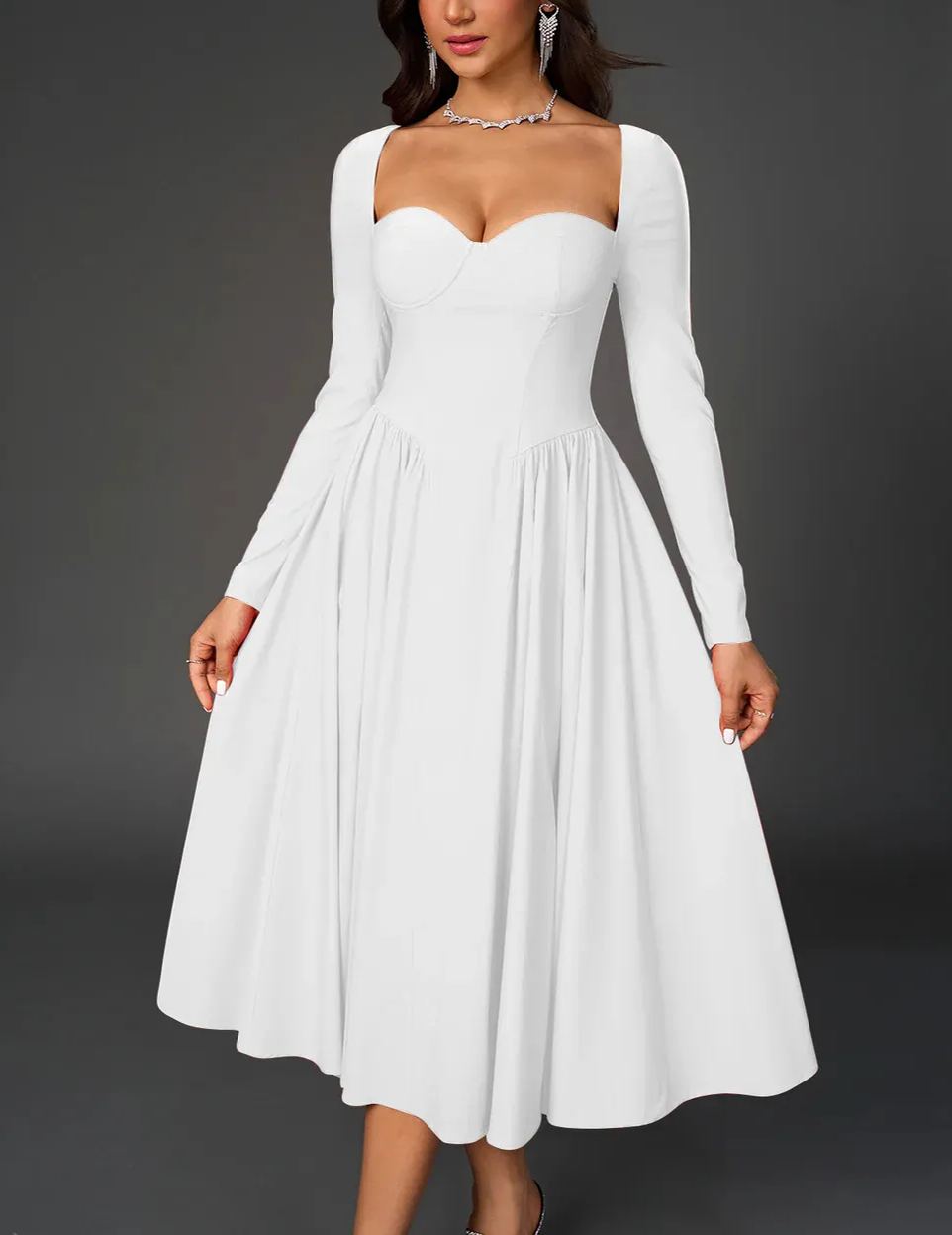 Sexy Solid Square Neck Backless Long Sleeves Ruched Midi Dress