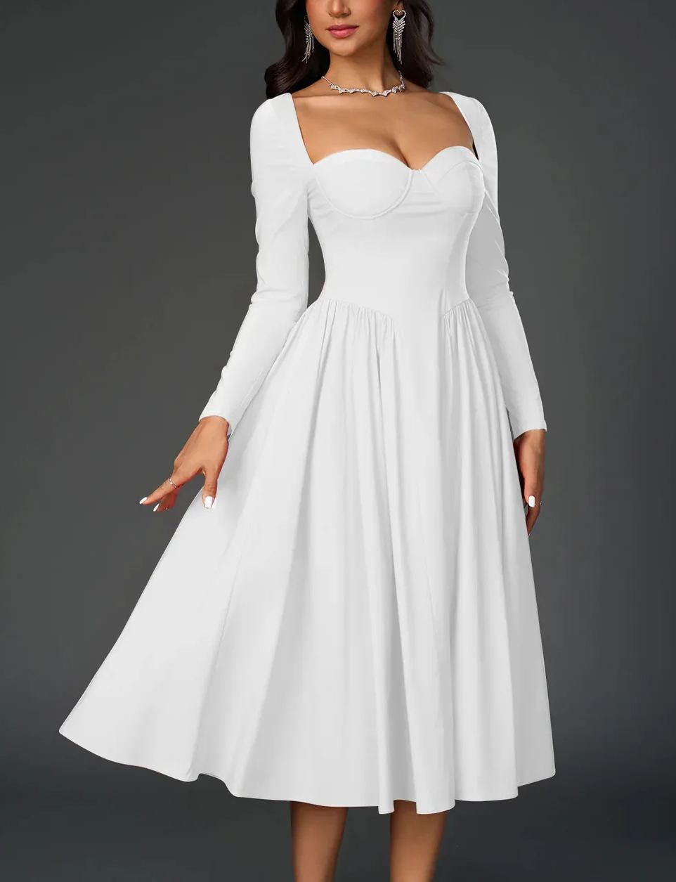 Sexy Solid Square Neck Backless Long Sleeves Ruched Midi Dress