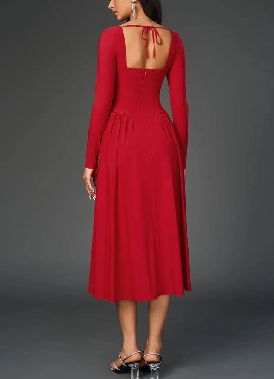 Sexy Solid Square Neck Backless Long Sleeves Ruched Midi Dress