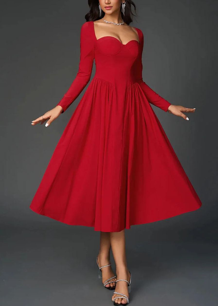 Sexy Solid Square Neck Backless Long Sleeves Ruched Midi Dress