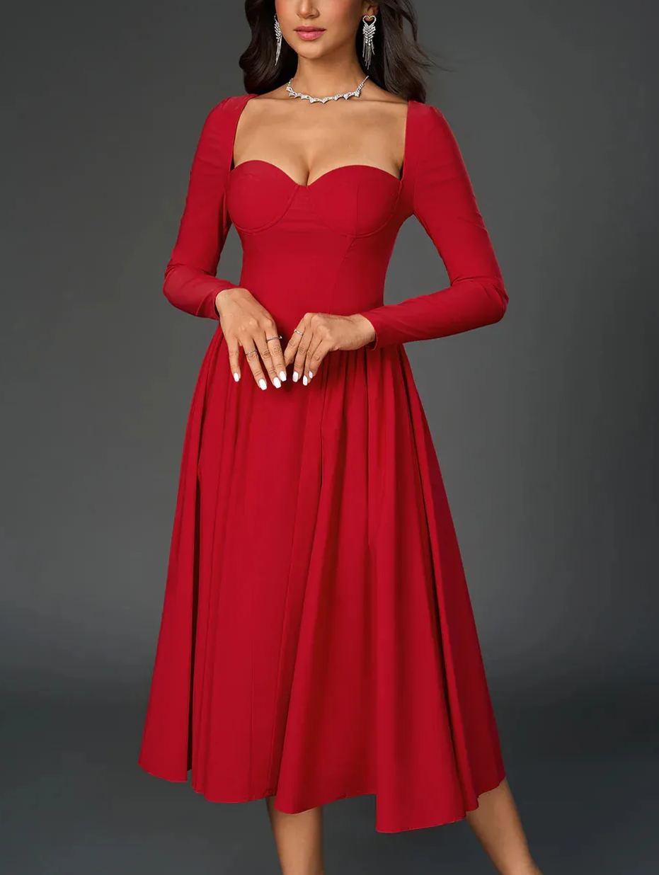 Sexy Solid Square Neck Backless Long Sleeves Ruched Midi Dress