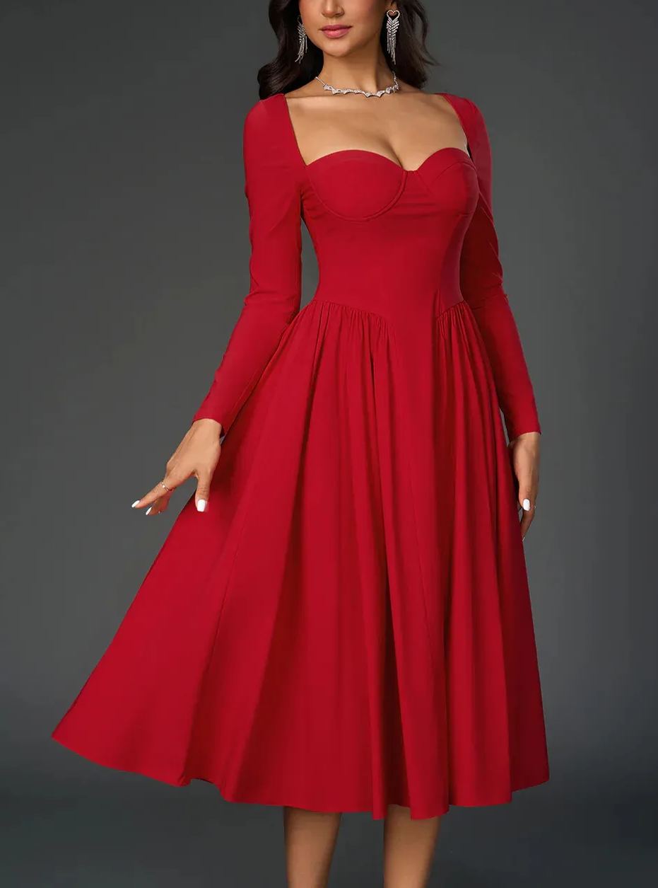 Sexy Solid Square Neck Backless Long Sleeves Ruched Midi Dress