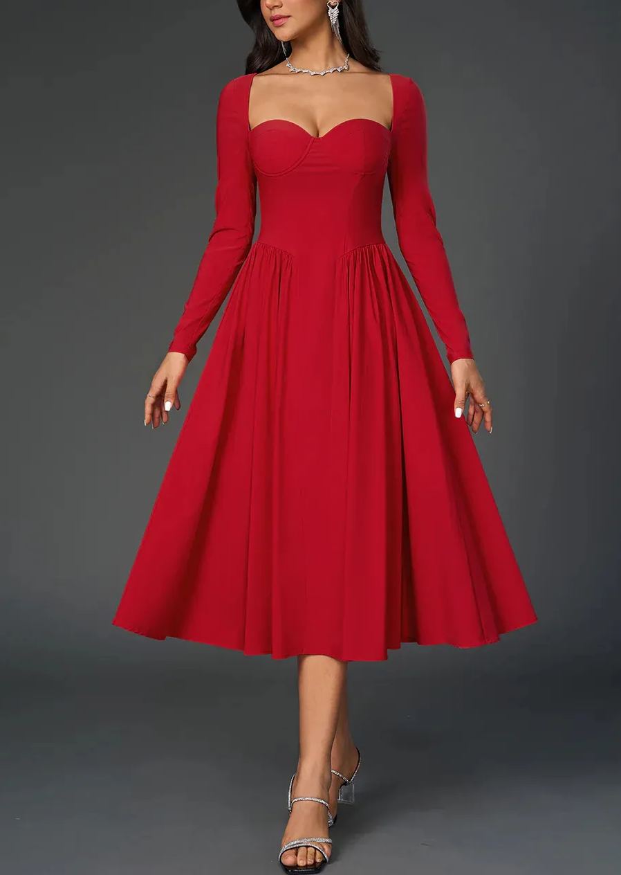 Sexy Solid Square Neck Backless Long Sleeves Ruched Midi Dress
