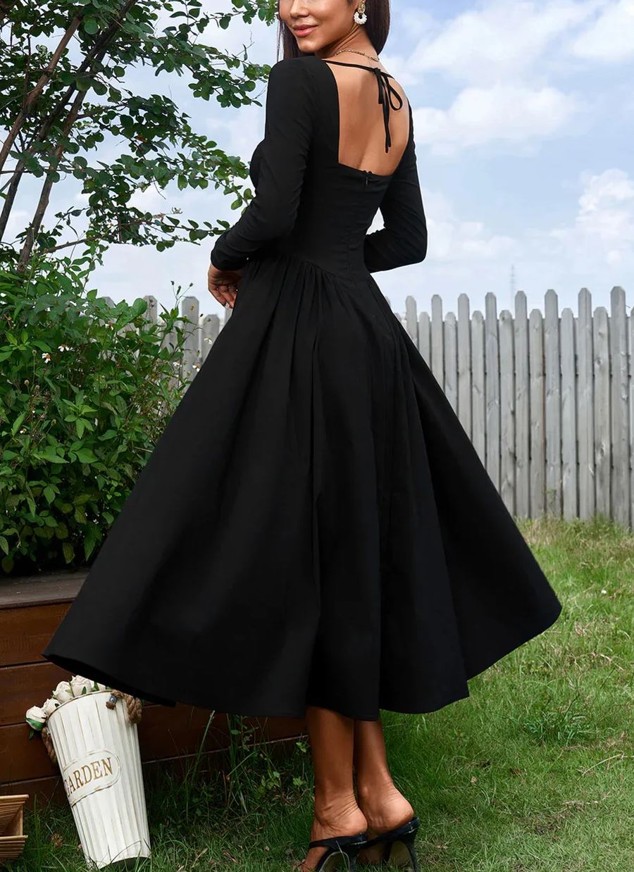 Sexy Solid Square Neck Backless Long Sleeves Ruched Midi Dress