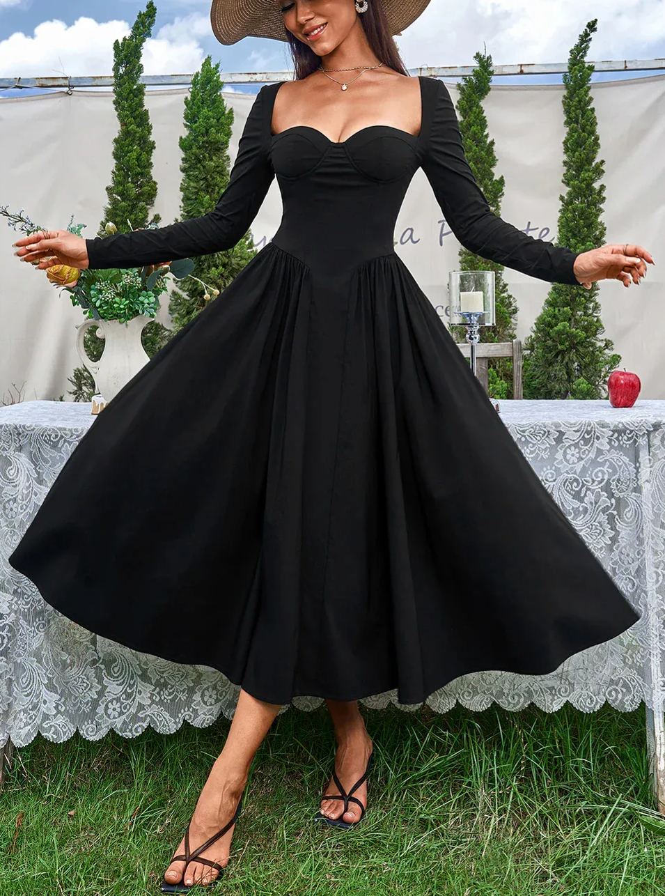 Sexy Solid Square Neck Backless Long Sleeves Ruched Midi Dress