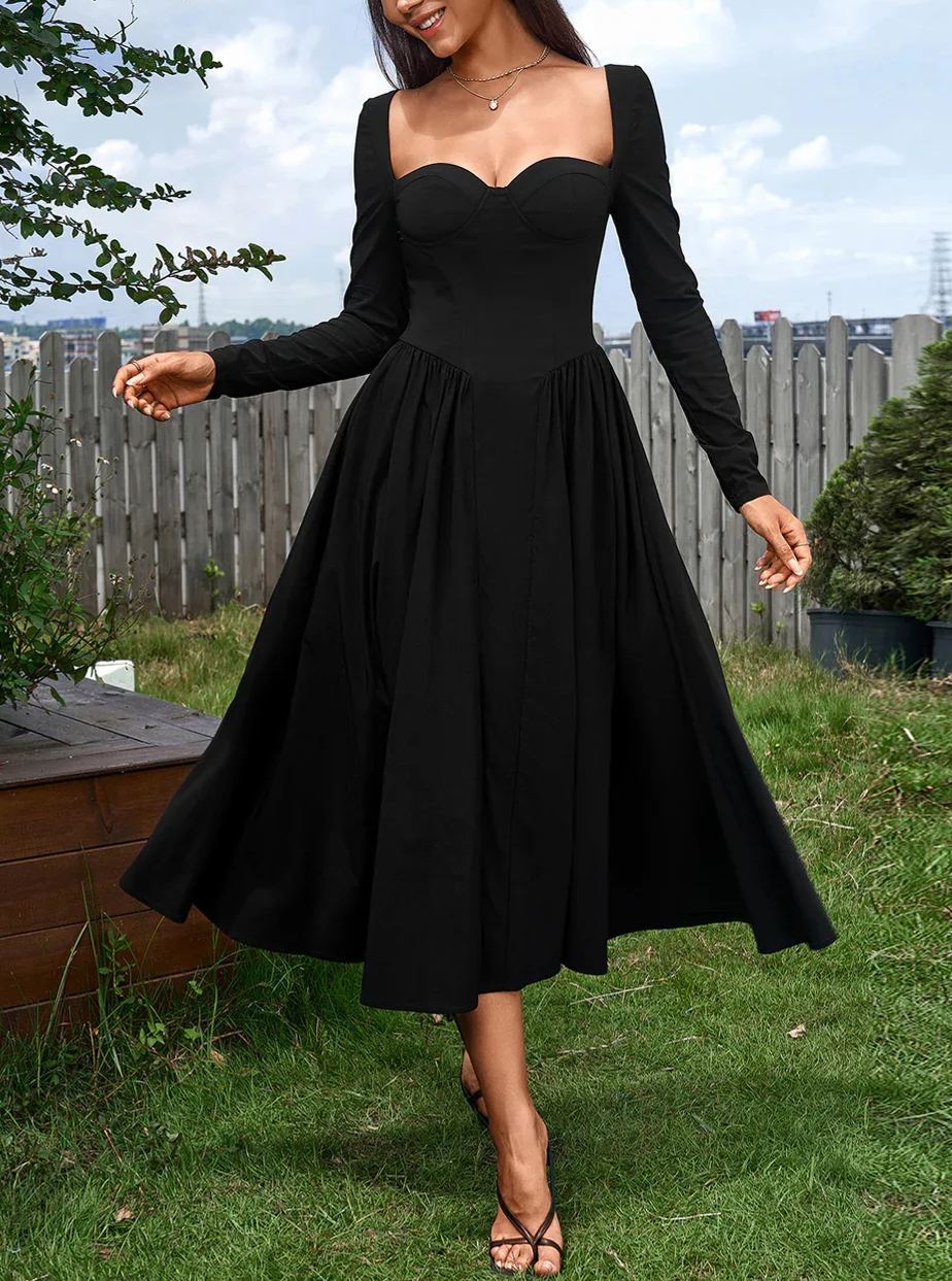 Sexy Solid Square Neck Backless Long Sleeves Ruched Midi Dress