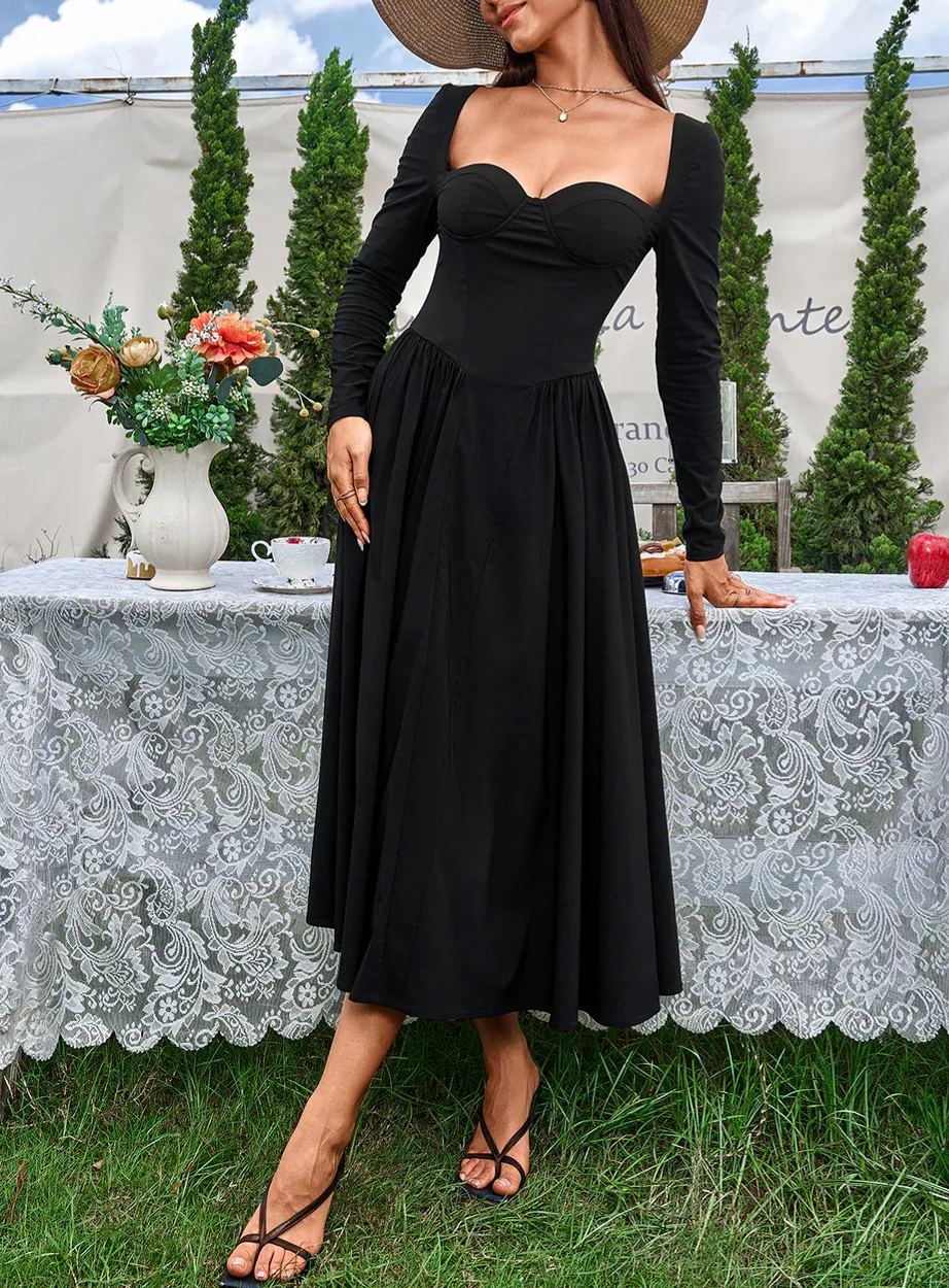 Sexy Solid Square Neck Backless Long Sleeves Ruched Midi Dress