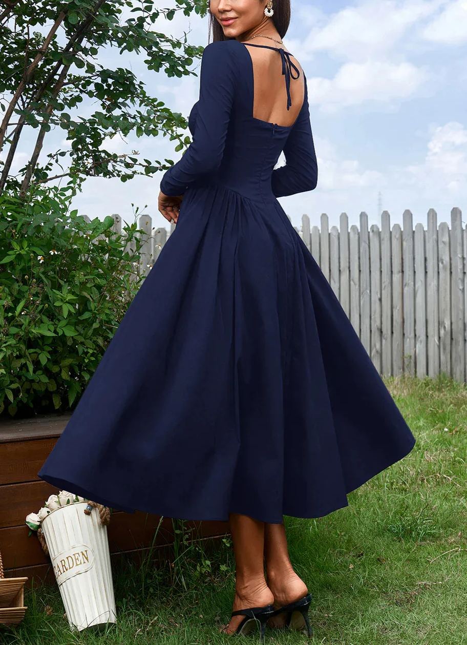 Sexy Solid Square Neck Backless Long Sleeves Ruched Midi Dress