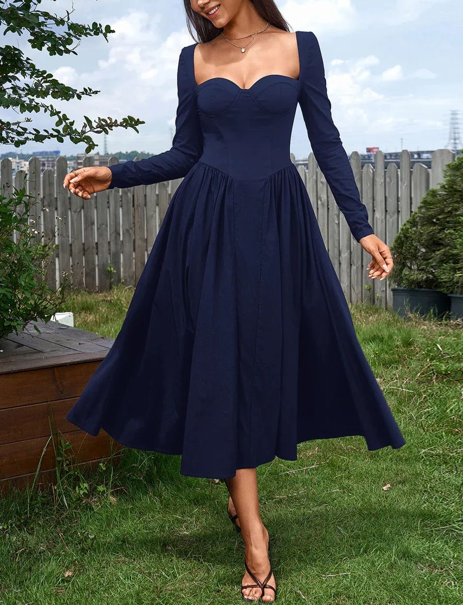 Sexy Solid Square Neck Backless Long Sleeves Ruched Midi Dress