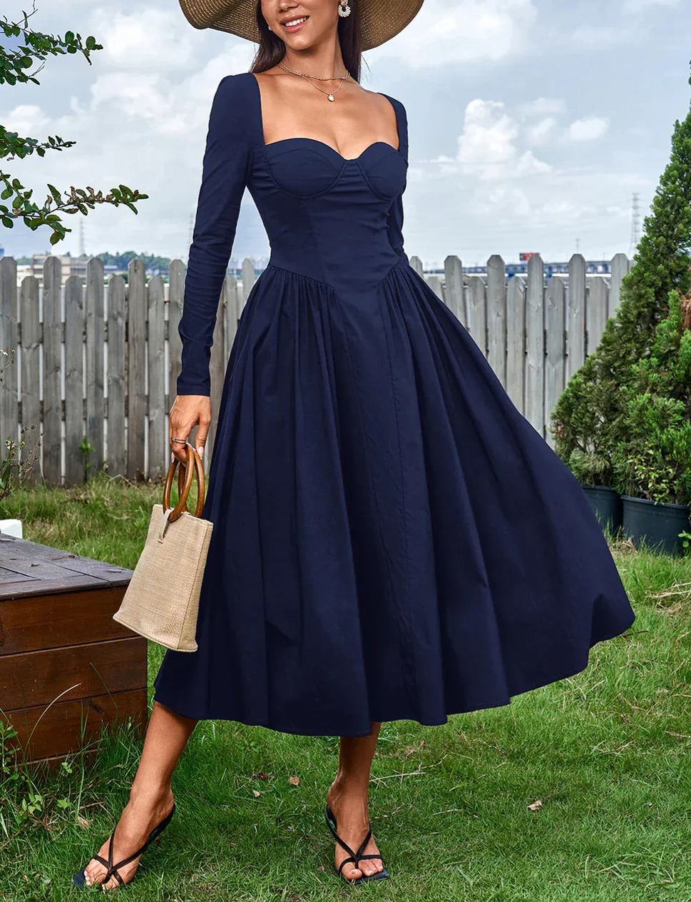 Sexy Solid Square Neck Backless Long Sleeves Ruched Midi Dress