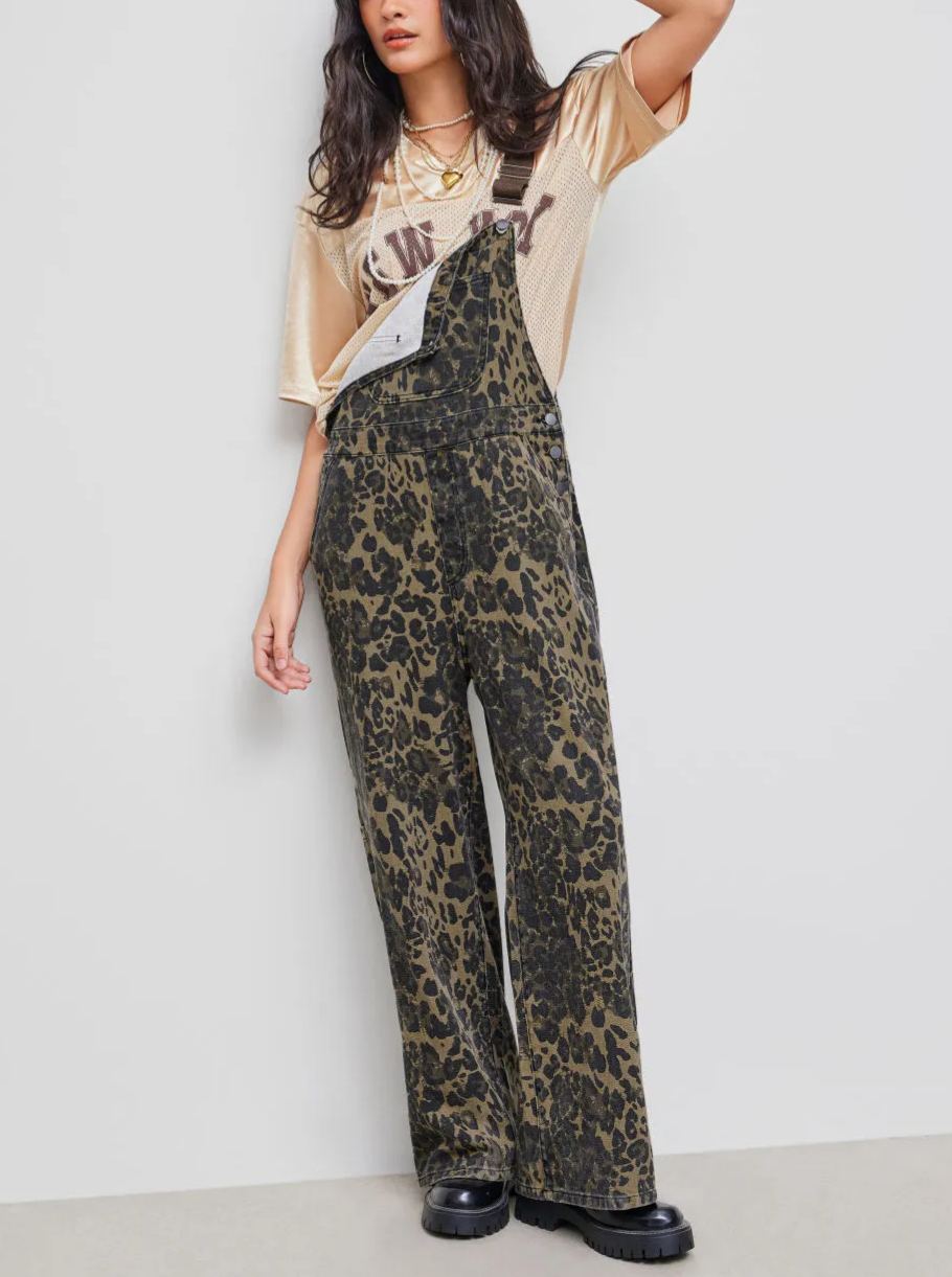 Denim Leopard Pocket Buckle Up Wide Leg Oversized Jumpsuit