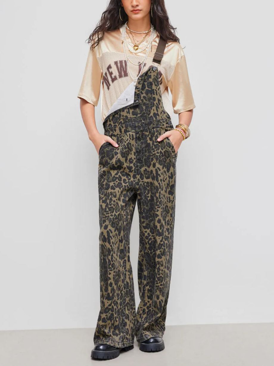 Denim Leopard Pocket Buckle Up Wide Leg Oversized Jumpsuit
