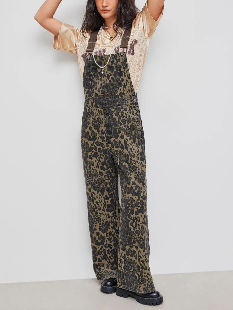 Denim Leopard Pocket Buckle Up Wide Leg Oversized Jumpsuit