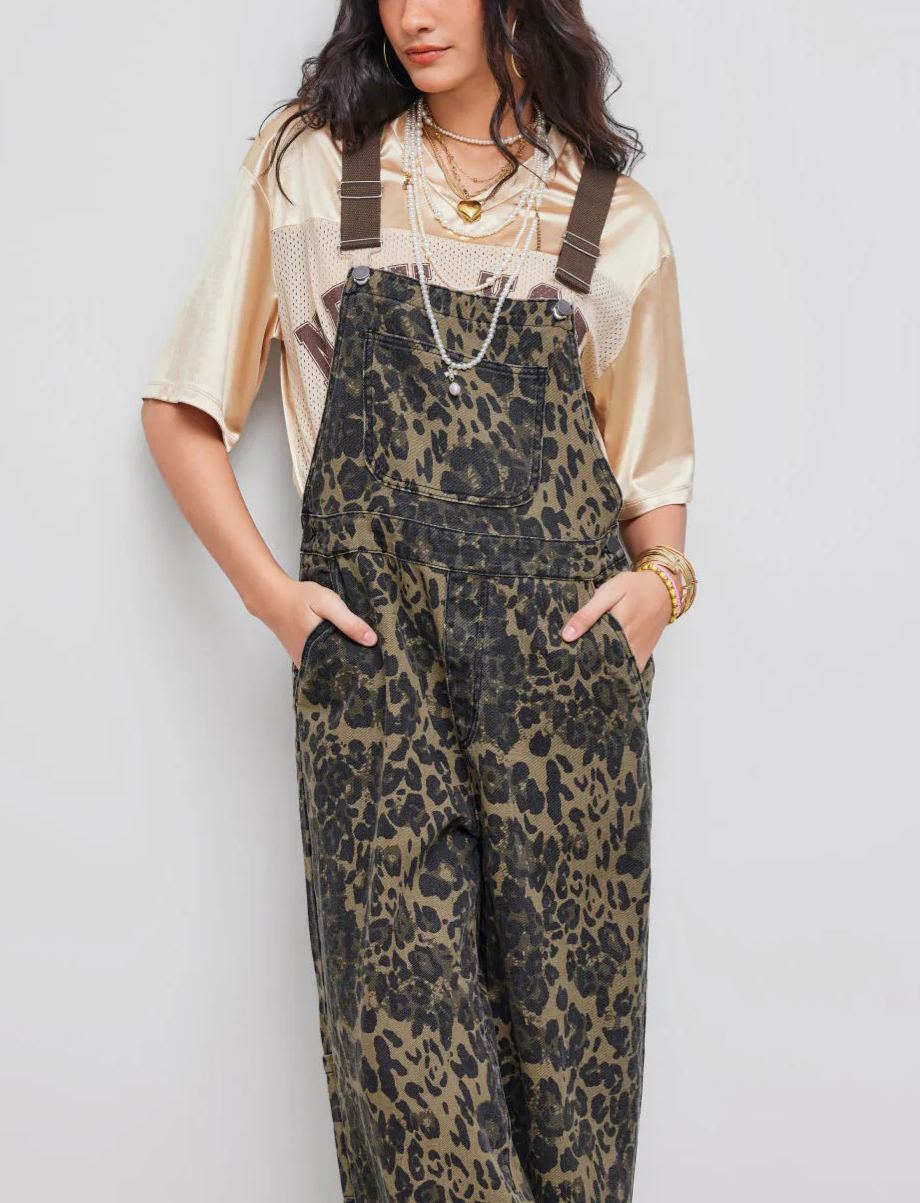 Denim Leopard Pocket Buckle Up Wide Leg Oversized Jumpsuit