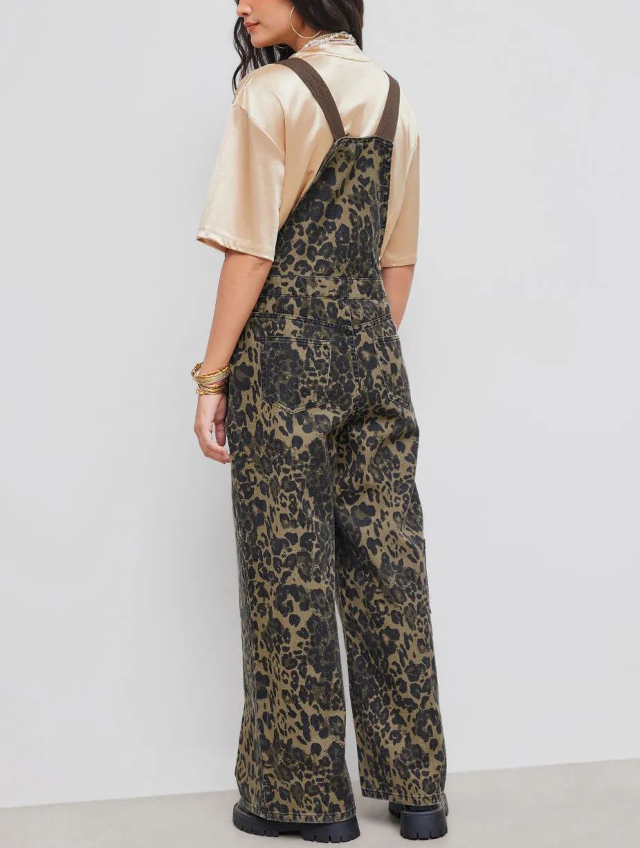 Denim Leopard Pocket Buckle Up Wide Leg Oversized Jumpsuit