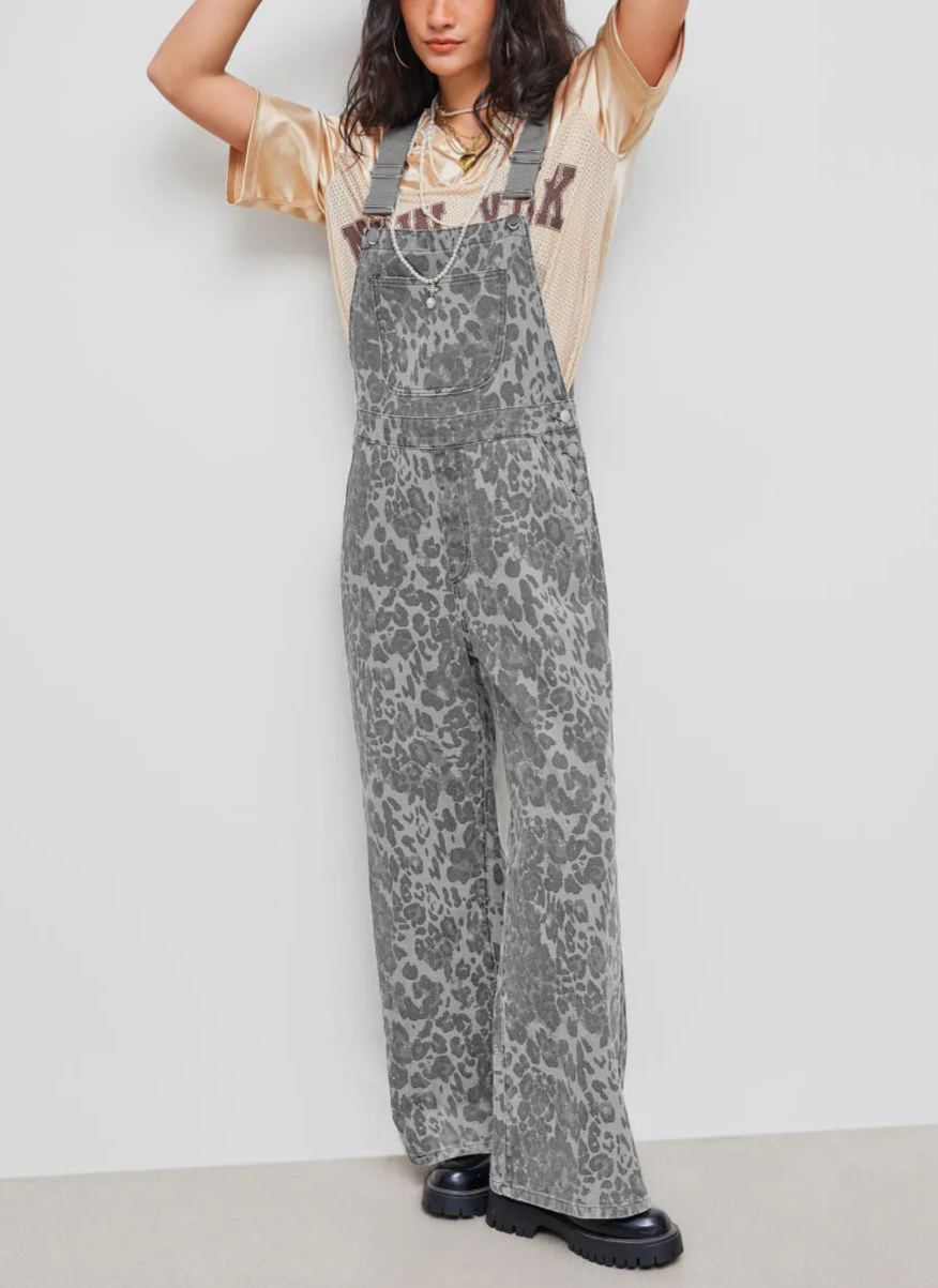 Denim Leopard Pocket Buckle Up Wide Leg Oversized Jumpsuit