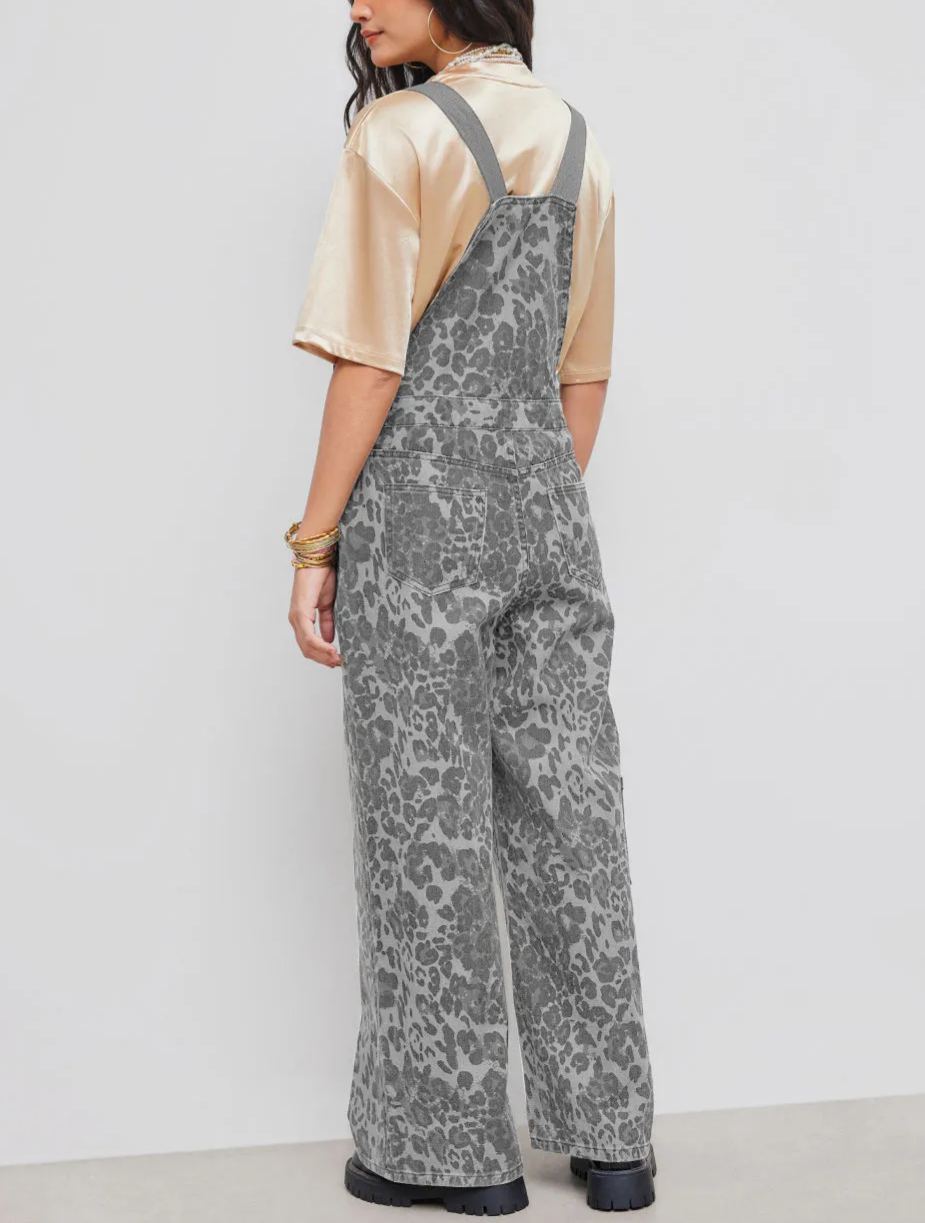 Denim Leopard Pocket Buckle Up Wide Leg Oversized Jumpsuit