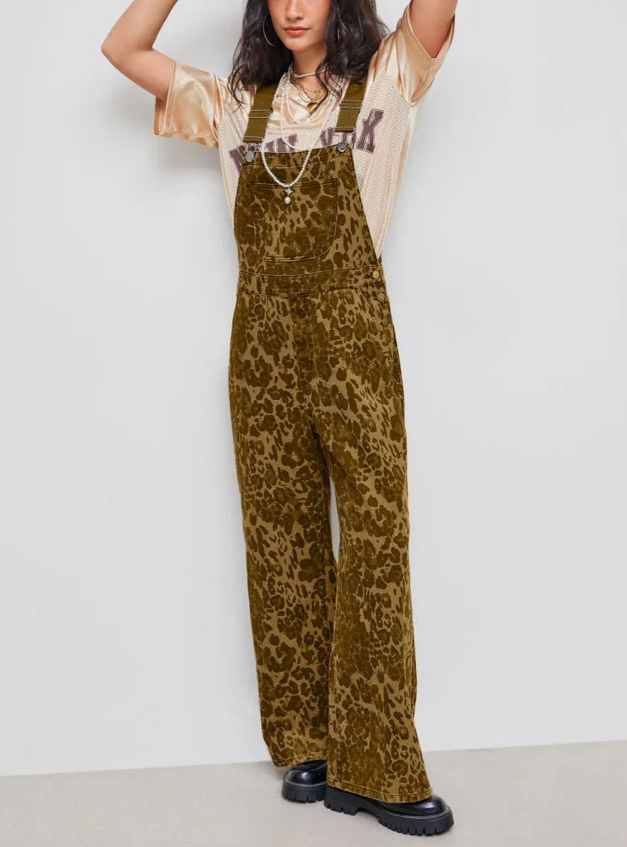 Denim Leopard Pocket Buckle Up Wide Leg Oversized Jumpsuit