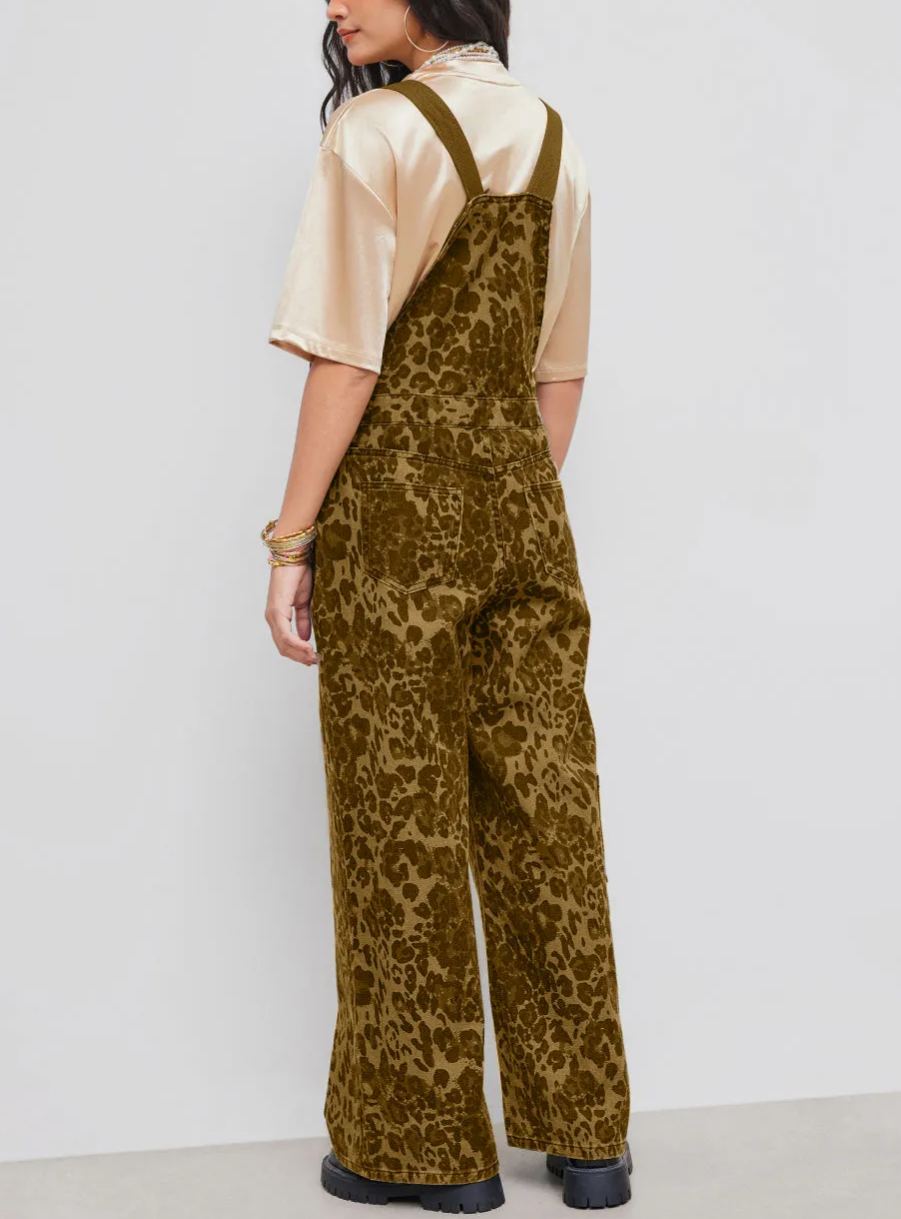 Denim Leopard Pocket Buckle Up Wide Leg Oversized Jumpsuit