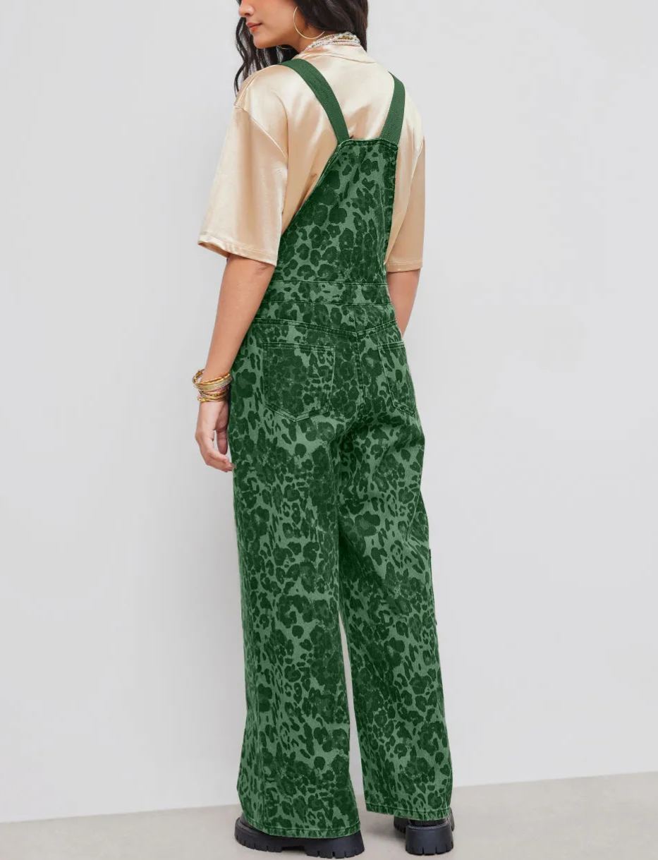 Denim Leopard Pocket Buckle Up Wide Leg Oversized Jumpsuit