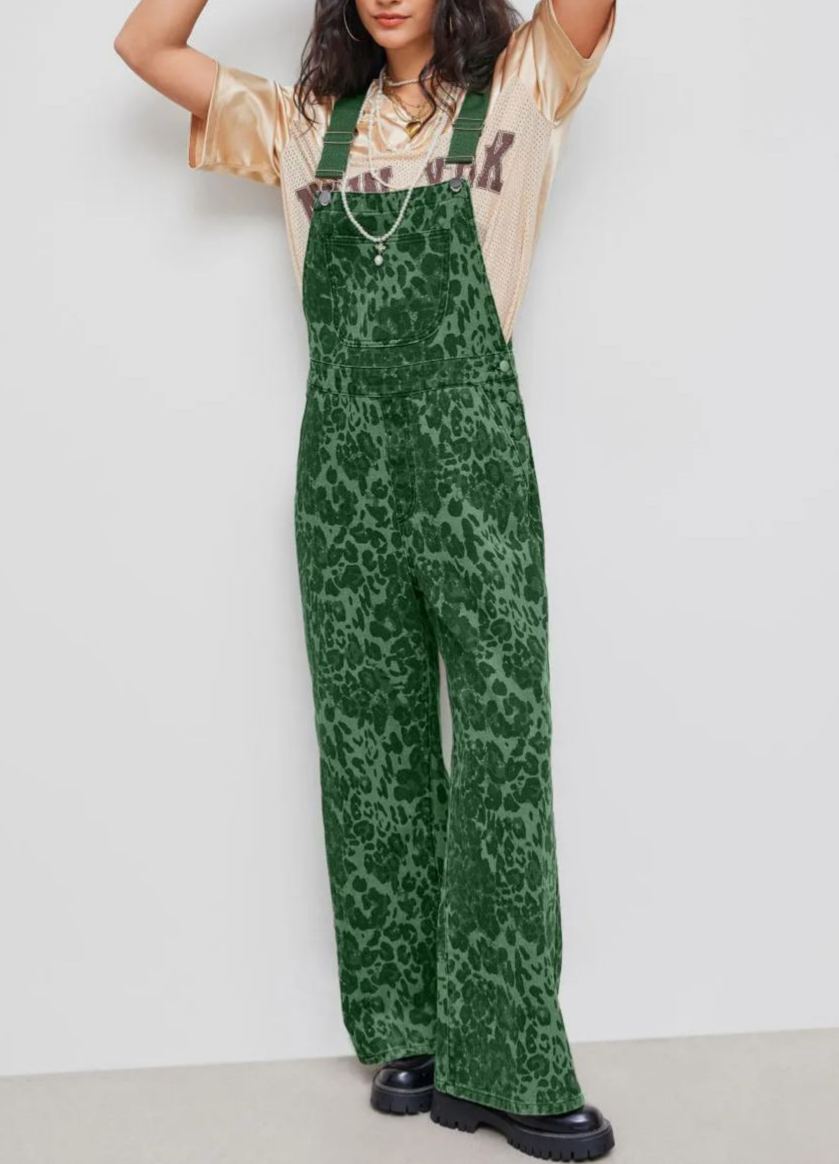 Denim Leopard Pocket Buckle Up Wide Leg Oversized Jumpsuit
