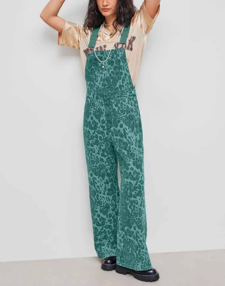 Denim Leopard Pocket Buckle Up Wide Leg Oversized Jumpsuit
