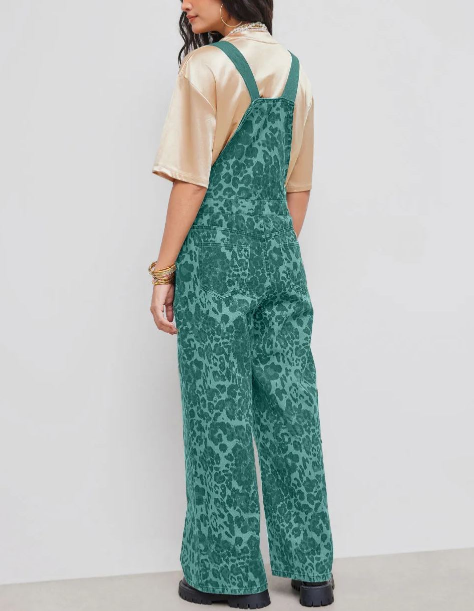 Denim Leopard Pocket Buckle Up Wide Leg Oversized Jumpsuit