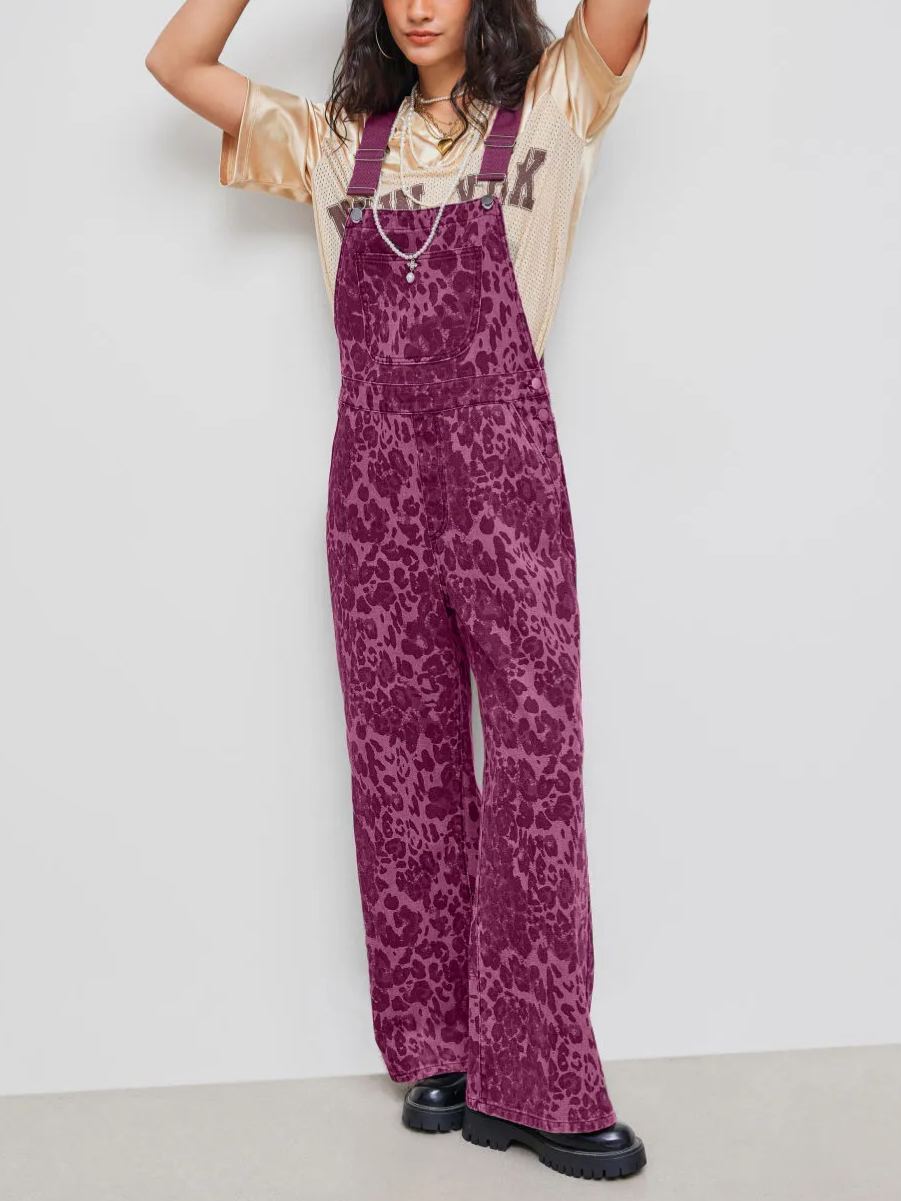 Denim Leopard Pocket Buckle Up Wide Leg Oversized Jumpsuit