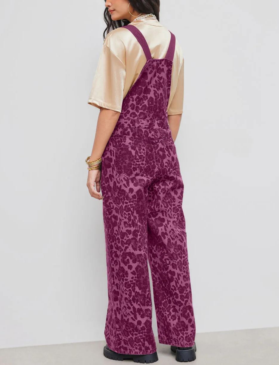 Denim Leopard Pocket Buckle Up Wide Leg Oversized Jumpsuit