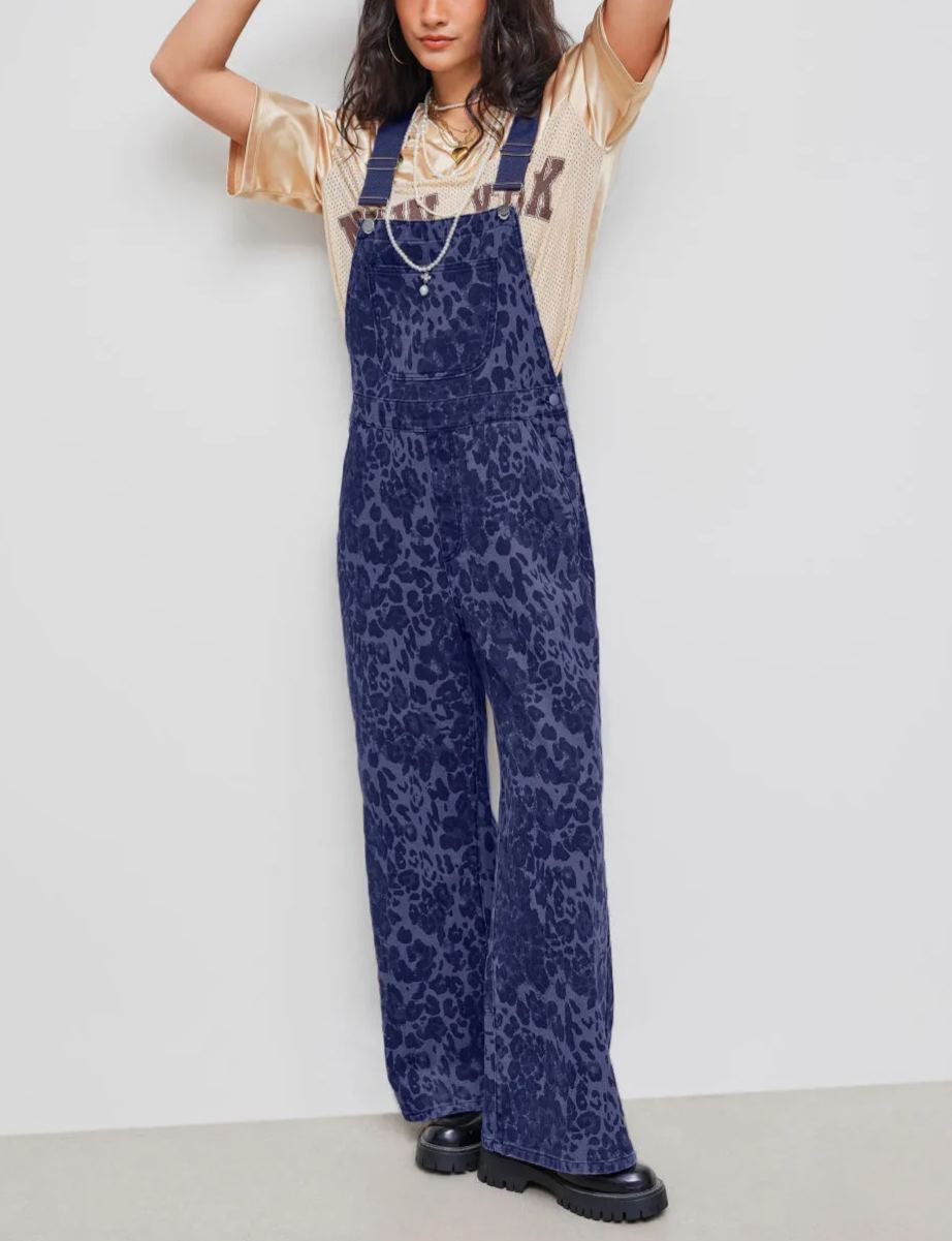 Denim Leopard Pocket Buckle Up Wide Leg Oversized Jumpsuit