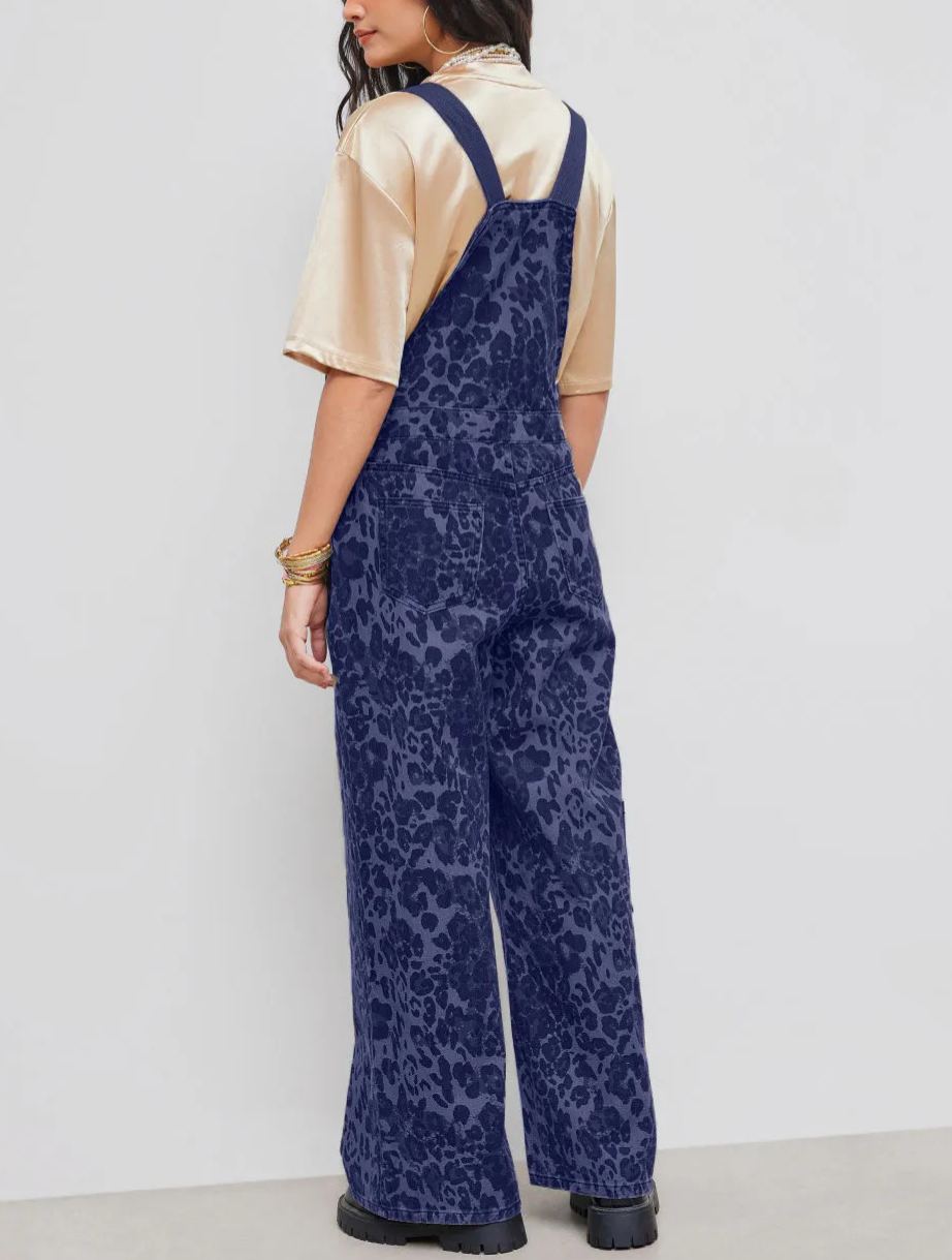 Denim Leopard Pocket Buckle Up Wide Leg Oversized Jumpsuit