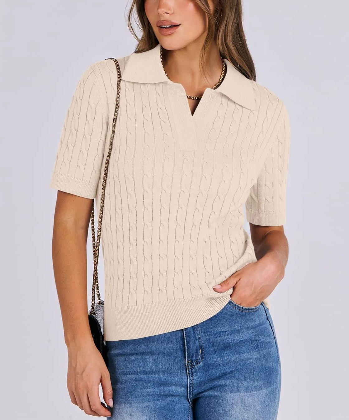 Women's Short Sleeve Polo V Neck Cable Knit Soft Sweaters Tops