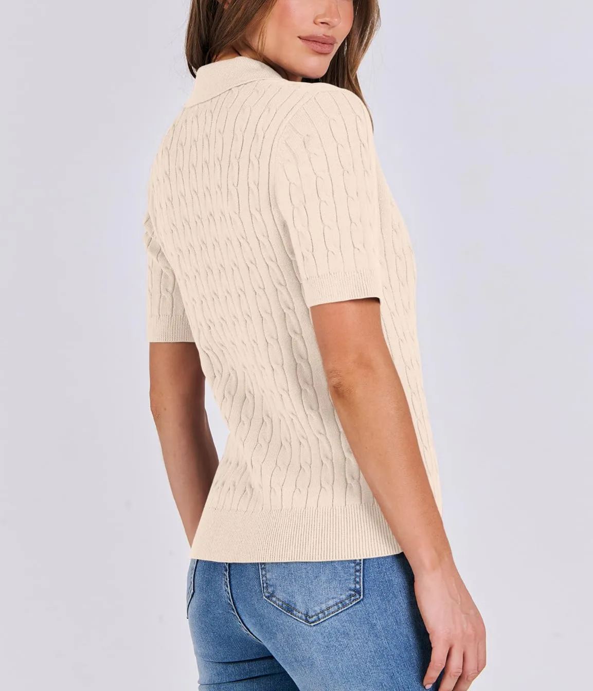 Women's Short Sleeve Polo V Neck Cable Knit Soft Sweaters Tops
