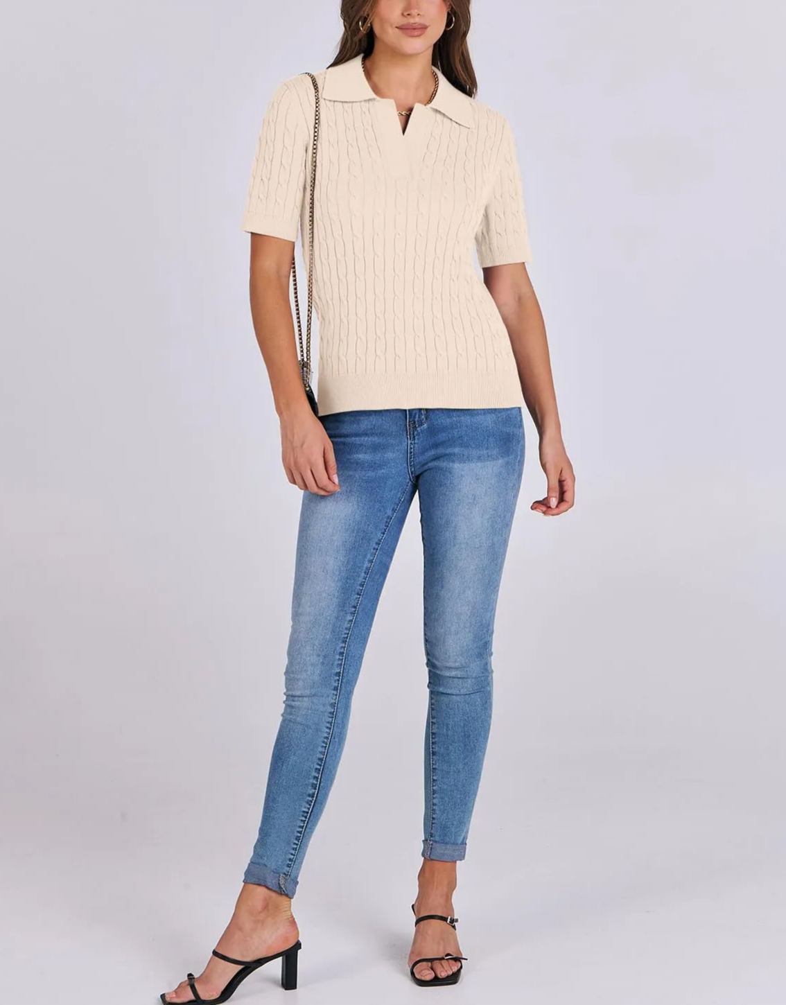 Women's Short Sleeve Polo V Neck Cable Knit Soft Sweaters Tops
