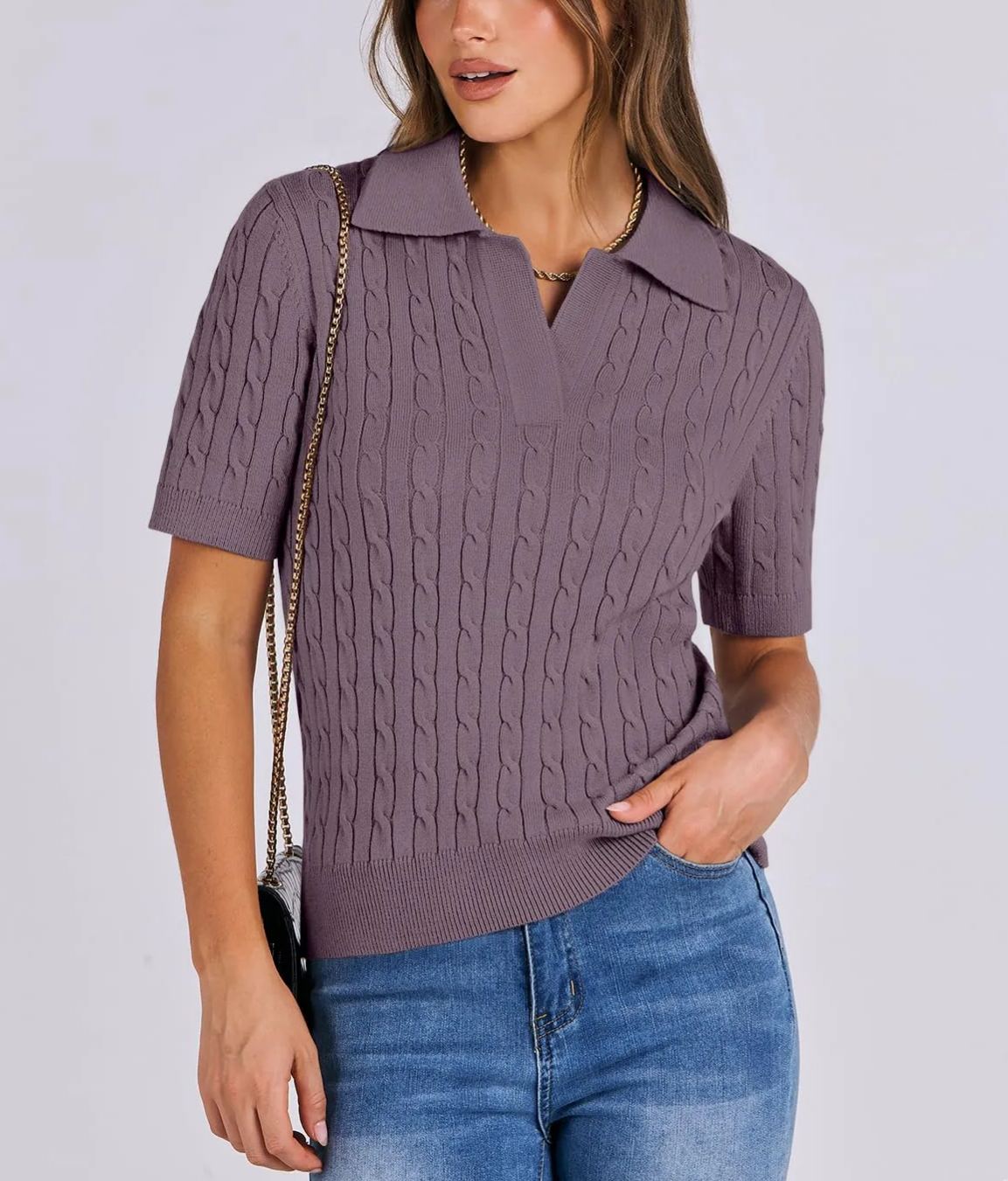 Women's Short Sleeve Polo V Neck Cable Knit Soft Sweaters Tops