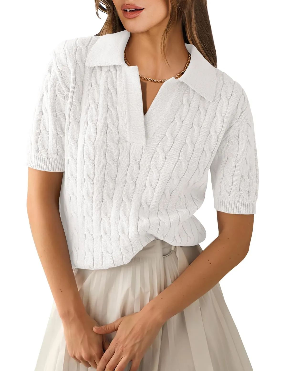 Women's Short Sleeve Polo V Neck Cable Knit Soft Sweaters Tops