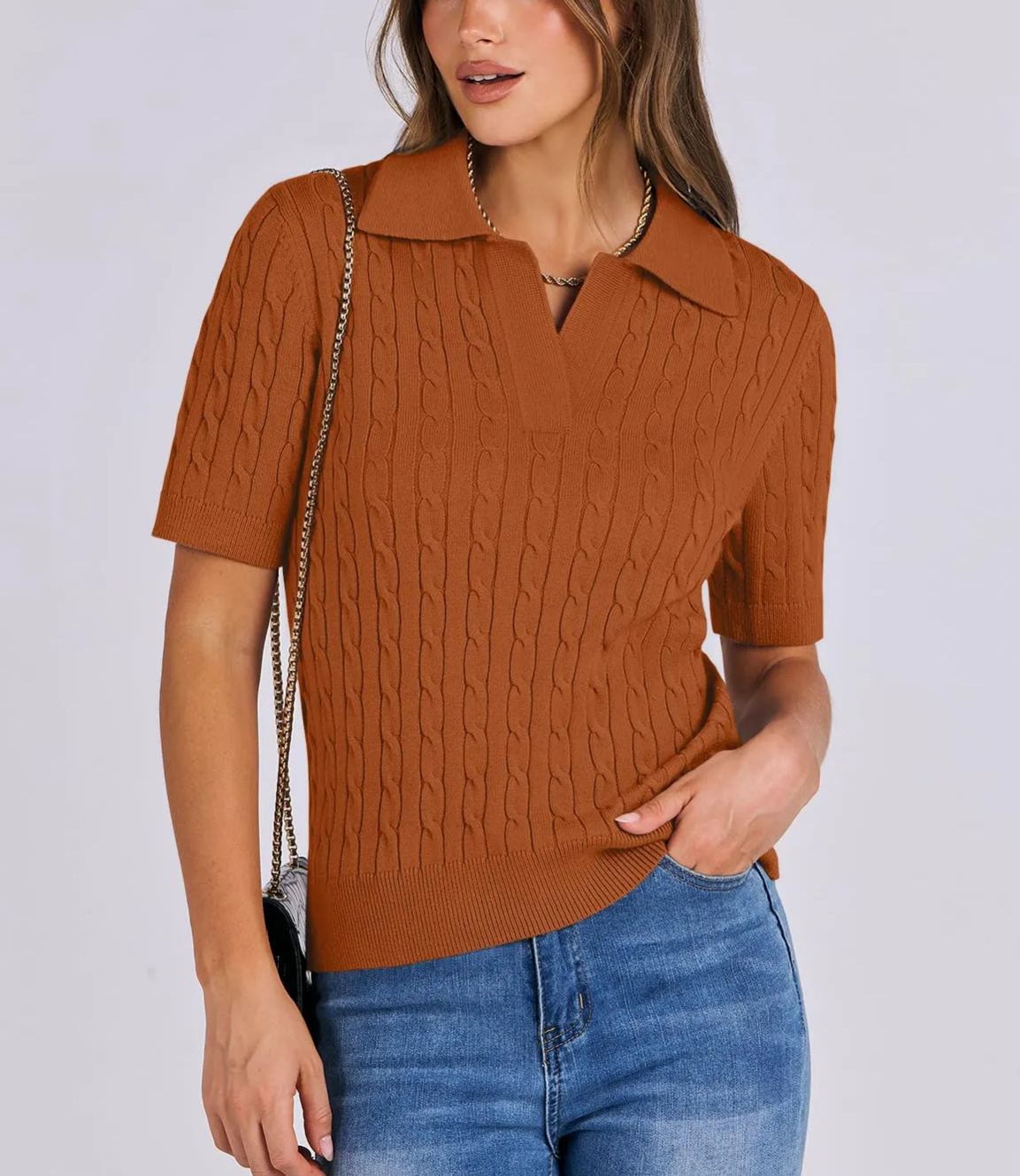 Women's Short Sleeve Polo V Neck Cable Knit Soft Sweaters Tops